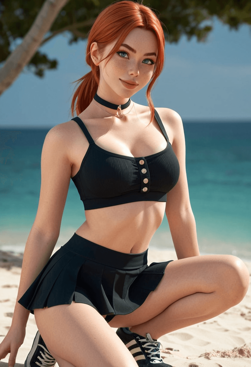 Wearing short black tennis skirt and a crop top shirt, portrait picture, looking at the viewer with a smile, wearing a stylish bikini on the beach, squatting position, athletic pose, wearing a fashionable choker