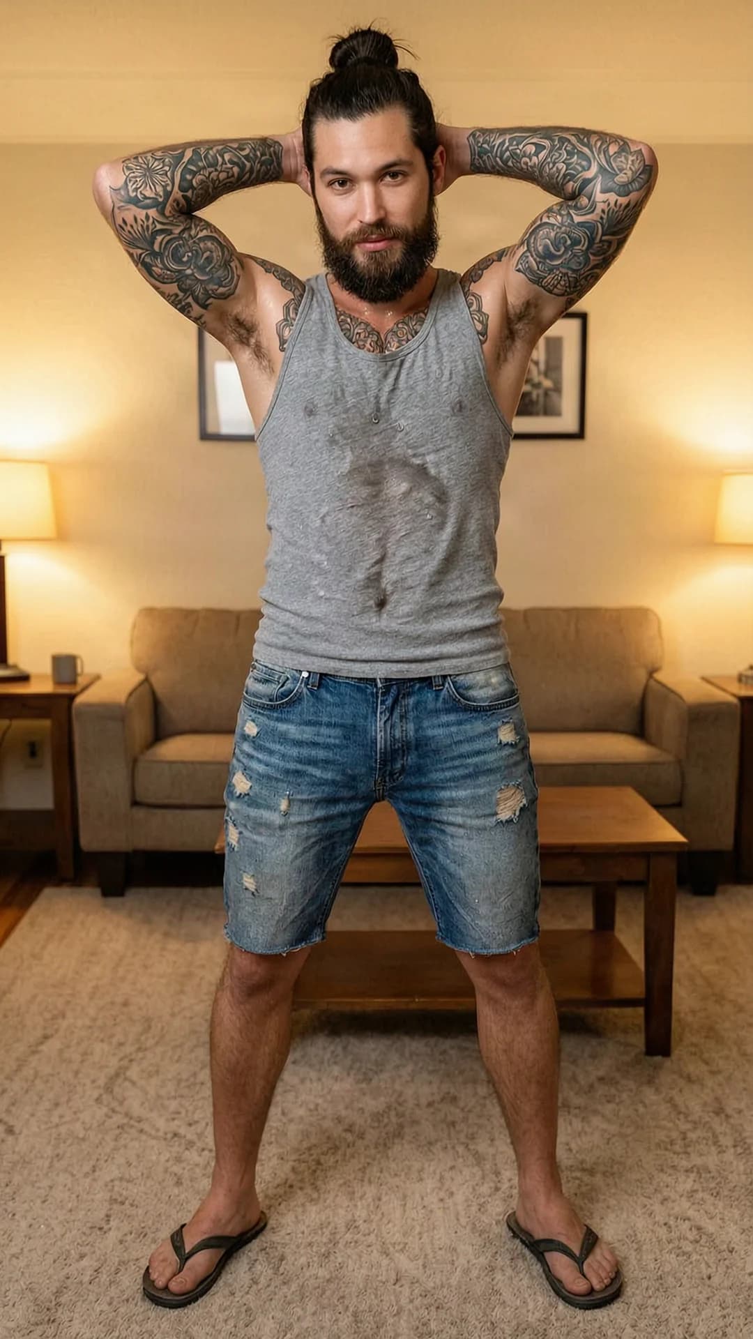 A 31-year-old Caucasian muscular man with brown hair in a manbun, brown eyes, a full beard, and intricate tattoos across his arms and chest, standing indoors in a casual living room setting with arms raised behind his head, wearing a tight grey tank top, torn jean shorts, and flip flops, sweaty glistening skin with visible sweat droplets on his muscular torso and arms, full body frontal view from eye-level camera angle, intense direct eye contact with the viewer conveying relaxed confidence, body slightly arched with chest forward and legs apart, warm ambient indoor lighting casting soft shadows, realistic style, Flawless anatomy, no extra digits, no extra limbs, realistic skin texture, high-detail.