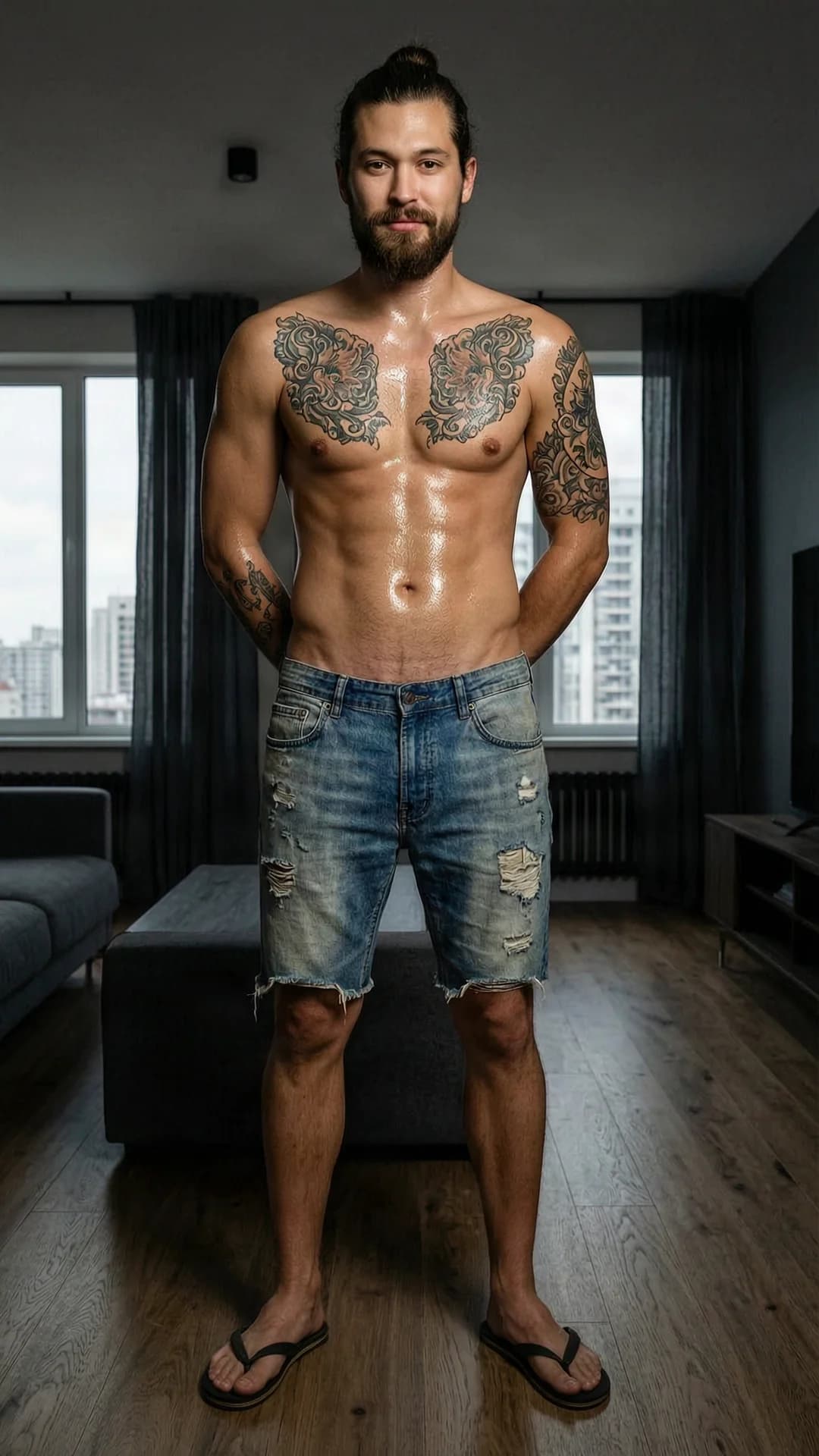 A 31-year-old Caucasian man with a muscular build, brown hair tied in a manbun, brown eyes, full beard, and intricate tattoos across his chest and arms, standing shirtless in torn jean shorts and flip flops, his skin glistening with sweat and muscles tensed, arms held behind his back in a confident pose, full body frontal view from a straight-on eye-level angle inside a dimly lit modern apartment with soft natural window lighting casting subtle shadows across his torso, intense direct eye contact with a neutral confident expression, visible skin sheen and muscle definition, Flawless anatomy, no extra digits, no extra limbs, realistic skin texture, high-detail.