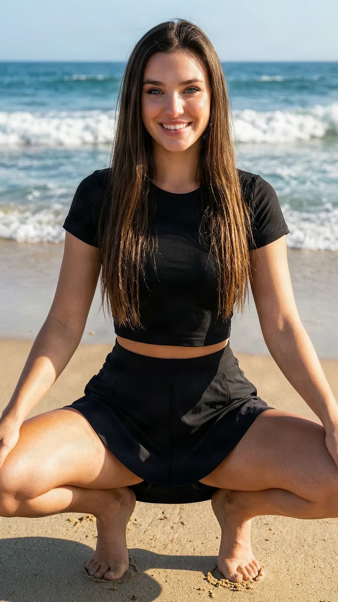 A 21-year-old Caucasian woman with skinny body type, straight brunette hair, and blue eyes, wearing a short black tennis skirt and crop top shirt, squatting in an athletic pose with knees bent wide and thighs flexed on a sunny beach with ocean waves crashing behind, medium close-up portrait from slightly low front angle, direct warm eye contact with the viewer and a bright genuine smile, joyful expression with lips curved upward, bright natural sunlight casting soft shadows on her skin, fashionable mini skirt hem riding naturally, body tension in athletic stance with subtle skin sheen from the sun, flawless anatomy, no extra digits, no extra limbs, realistic skin texture, high-detail.