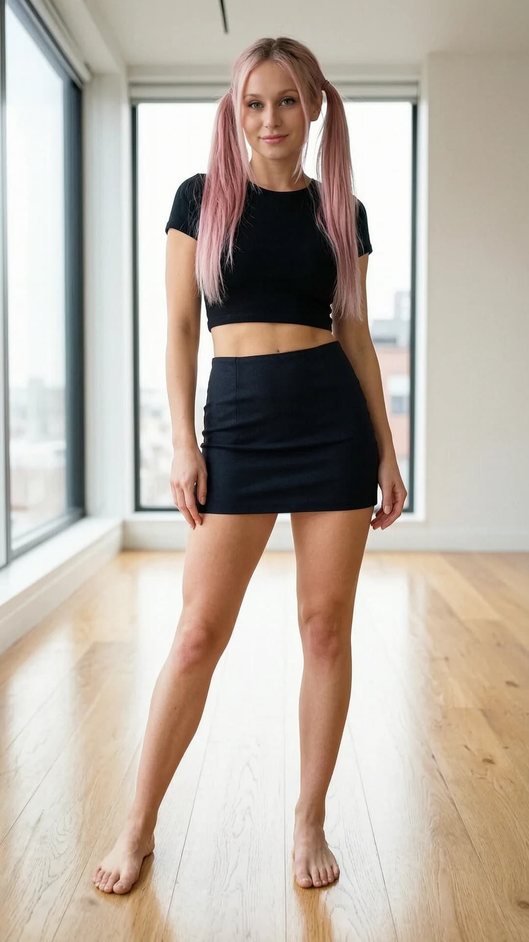 A 27-year-old Caucasian woman with pink hair styled in pigtails, striking green eyes, and a fit toned body stands in full-body frontal view at eye level, barefoot on a polished wooden floor in a bright modern apartment with large windows, wearing a fashionable short mini skirt that hugs her hips and a fitted crop top exposing her midriff, legs slightly apart in a relaxed stance with natural weight shift, arms relaxed at her sides, direct confident eye contact with a playful seductive smile and lips gently parted, soft natural daylight illuminating her skin with subtle sheen, realistic style, Flawless anatomy, no extra digits, no extra limbs, realistic skin texture, high-detail.