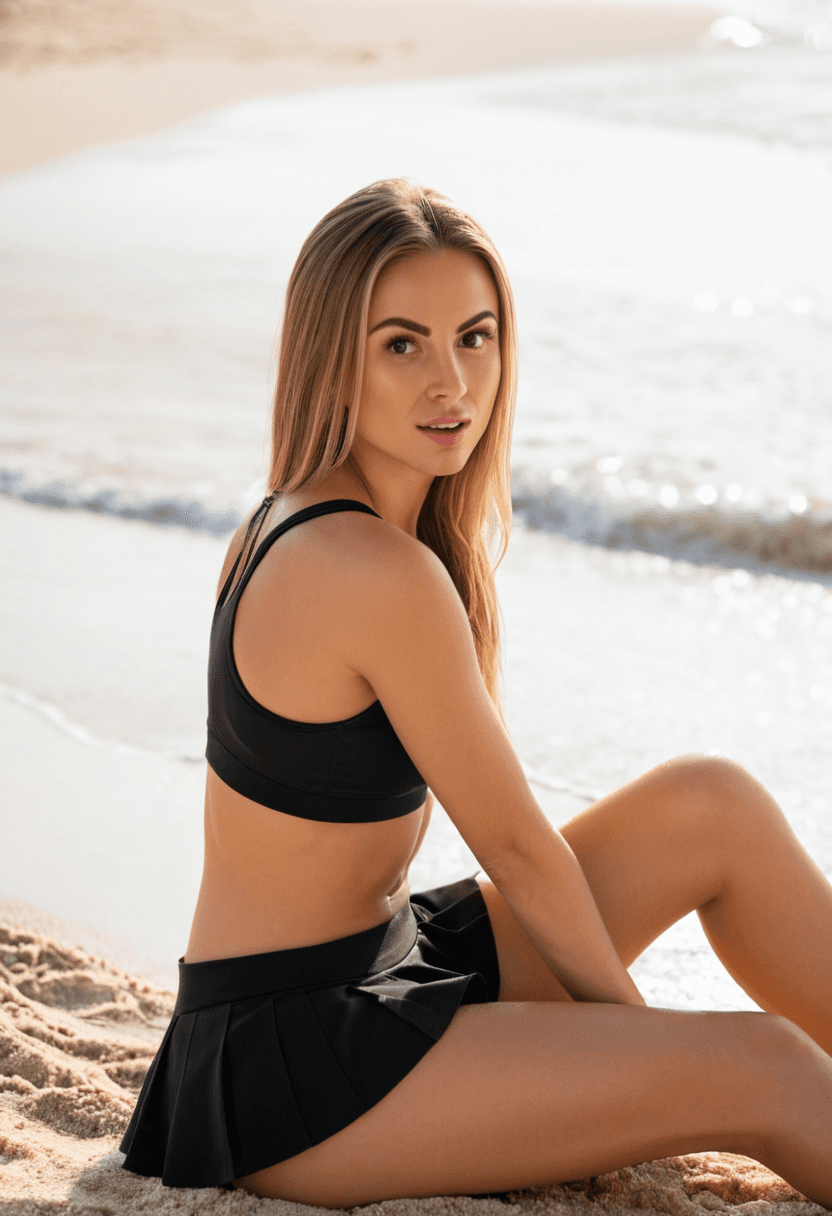 Wearing short black tennis skirt and a crop top shirt, portrait picture, looking at the viewer with a smile, wearing a stylish bikini on the beach, sitting casually, relaxed pose