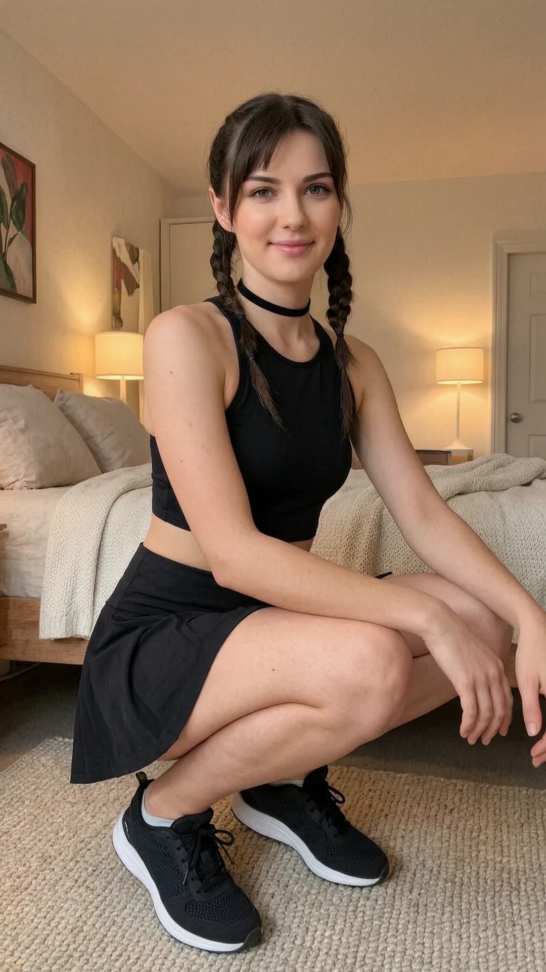 Wearing short black tennis skirt and a crop top shirt, portrait picture, looking at the viewer with a smile, squatting position, athletic pose, wearing a fashionable choker, in a cozy bedroom setting, sitting casually, relaxed pose, tanning on a beach lounger, in a yellow taxi cab, working out at the gym, athletic activity