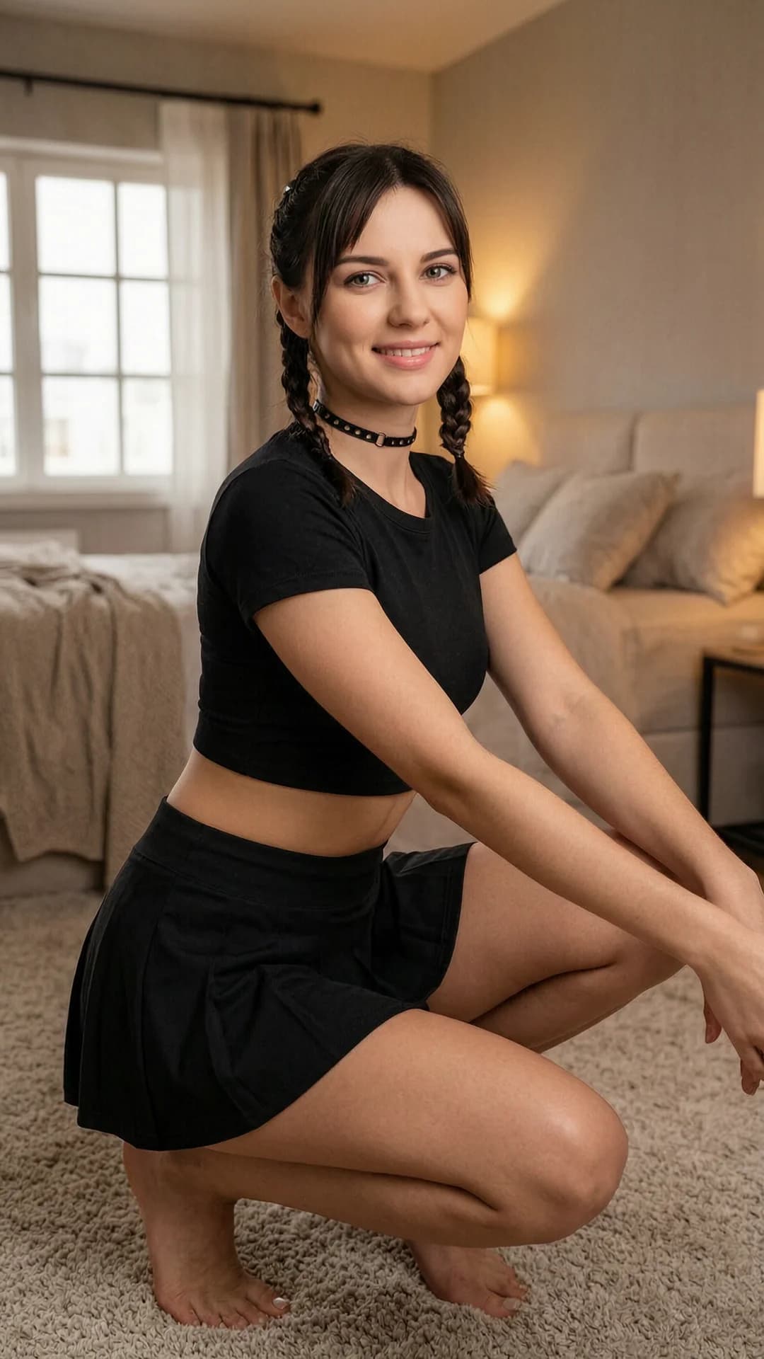 Wearing short black tennis skirt and a crop top shirt, portrait picture, looking at the viewer with a smile, squatting position, athletic pose, wearing a fashionable choker, in a cozy bedroom setting, sitting casually, relaxed pose, tanning on a beach lounger, in a yellow taxi cab, working out at the gym, athletic activity, wearing a stylish bikini on the beach