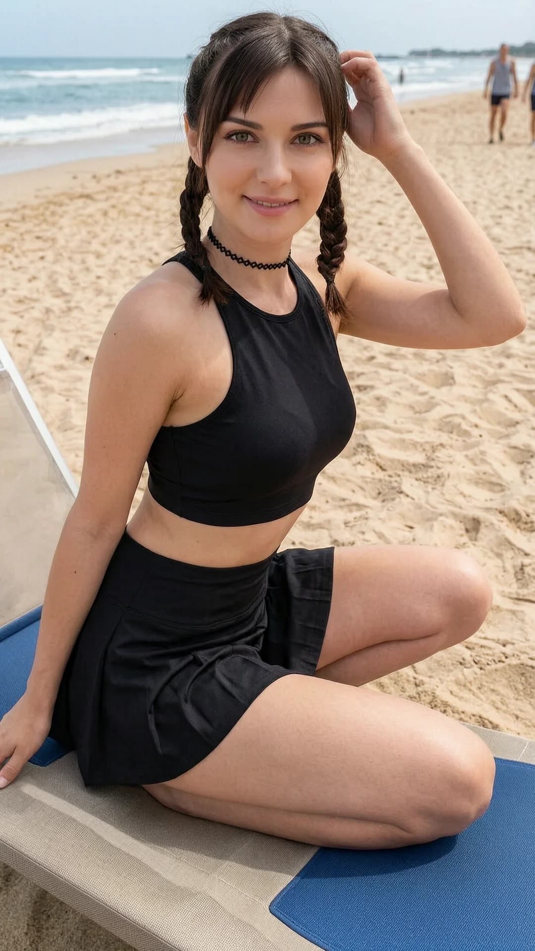 Wearing short black tennis skirt and a crop top shirt, portrait picture, looking at the viewer with a smile, squatting position, athletic pose, wearing a fashionable choker, sitting casually, relaxed pose, tanning on a beach lounger, in a yellow taxi cab, working out at the gym, athletic activity, wearing a stylish bikini on the beach, wearing a fashionable mini skirt