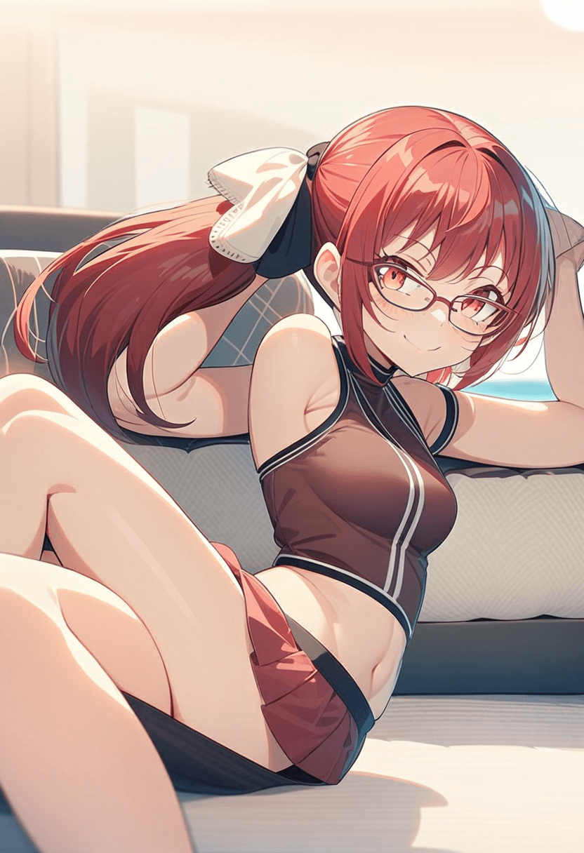1girl, solo, full body, anime style, 24-year-old asian woman, fit body, small breasts, small butt, short black tennis skirt, crop top shirt, portrait picture, looking at viewer, smiling, detailed face, vibrant colors, high quality, masterpiece, wearing an elegant knee-length skirt, sitting casually, relaxed pose, dining at an elegant restaurant, in a cozy bedroom setting, tanning on a beach lounger