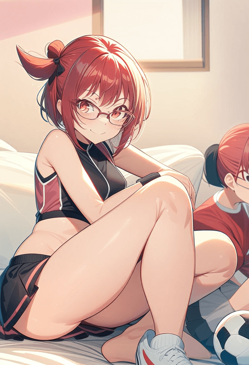 1girl, solo, full body, anime style, 24-year-old asian woman, fit body, small breasts, small butt, short black tennis skirt, crop top shirt, portrait picture, looking at viewer, smiling, detailed face, vibrant colors, high quality, masterpiece, wearing an elegant knee-length skirt, sitting casually, relaxed pose, in a cozy bedroom setting, playing soccer, sporty action