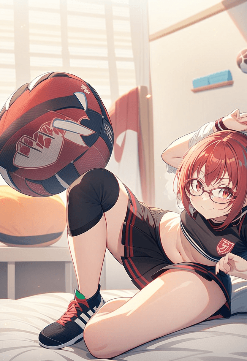 1girl, solo, full body, anime style, 24-year-old asian woman, fit body, small breasts, small butt, wearing glasses, short black tennis skirt, crop top shirt, detailed face, looking at viewer, smiling, vibrant colors, high quality, masterpiece, sitting casually, relaxed pose, in a cozy bedroom setting, playing soccer, sporty action