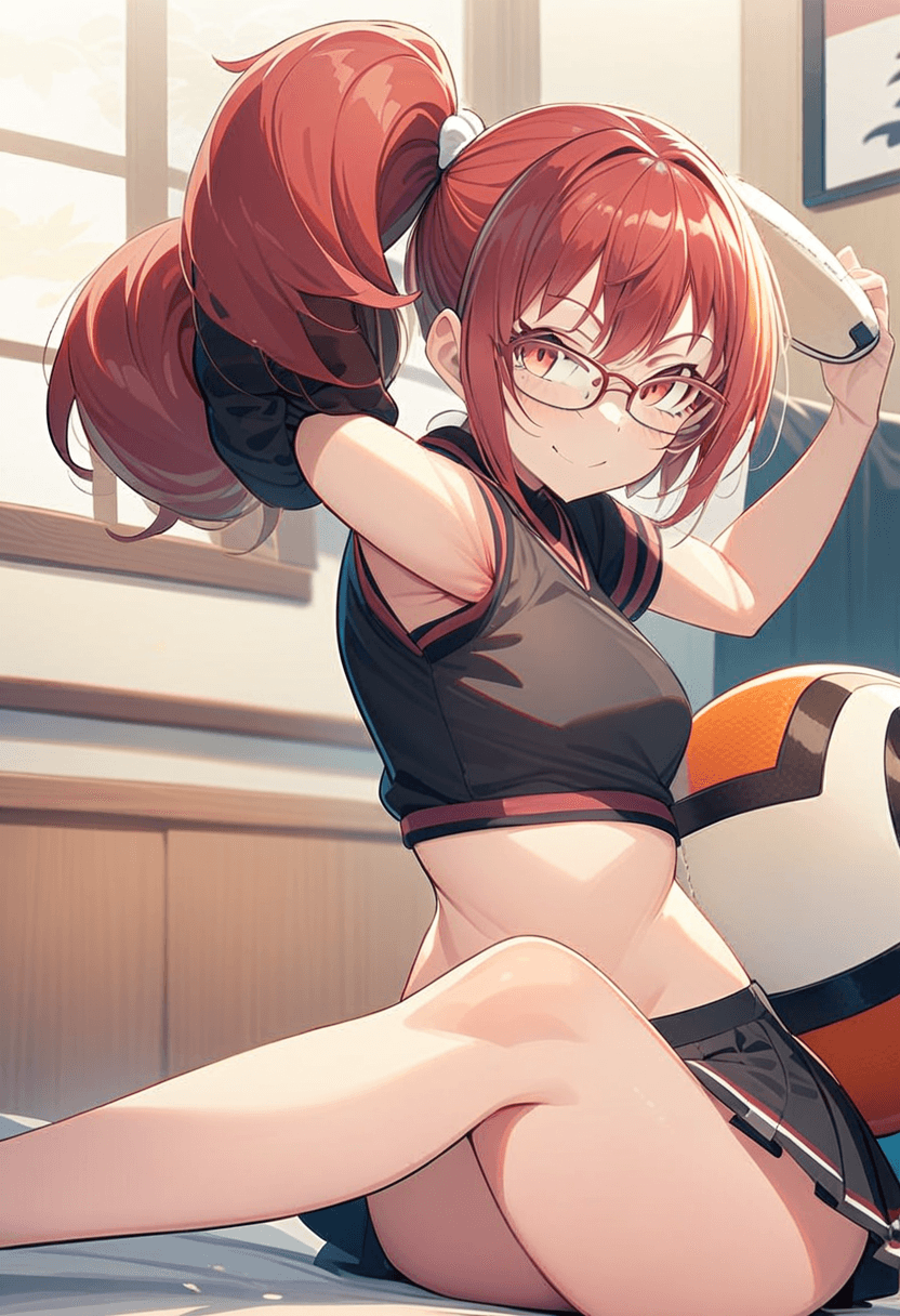 1girl, solo, full body, anime style, 24-year-old asian woman, fit body, small breasts, small butt, wearing glasses, short black tennis skirt, crop top shirt, detailed face, looking at viewer, smiling, vibrant colors, high quality, masterpiece, sitting casually, relaxed pose, in a cozy bedroom setting, playing soccer, sporty action