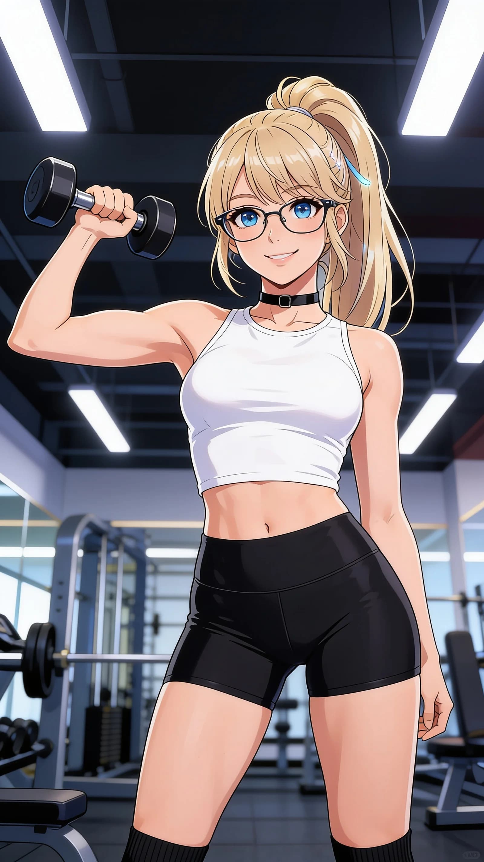 anime style, 2D cel-shaded anime illustration, anime key visual, flat cel shading, clean bold line art, vibrant saturated colors, large detailed expressive anime eyes with crisp catchlights, flat 2D rendering, not photorealistic, not 3D render, 21-year-old caucasian woman with blonde ponytail hair, blue eyes, fit athletic body, wearing a tight white crop top shirt, black short leggings, short black ankle socks, stylish glasses, and a fashionable black choker, standing in an athletic workout pose with one arm raised mid-exercise at a modern fitness gym, waist-up vertical 9:16 portrait composition centered in frame, front medium close-up camera angle, direct eye contact with the viewer and a bright friendly smile, energetic confident mood, bright overhead gym lighting with sharp highlights and soft shadows on skin and clothing, detailed anime cel shading, crisp clean linework, correct anatomy, hands cleanly drawn with five fingers, studio-quality anime key visual; avoid: photorealistic, 3D render, extra fingers, deformed hands, blurry, low detail.