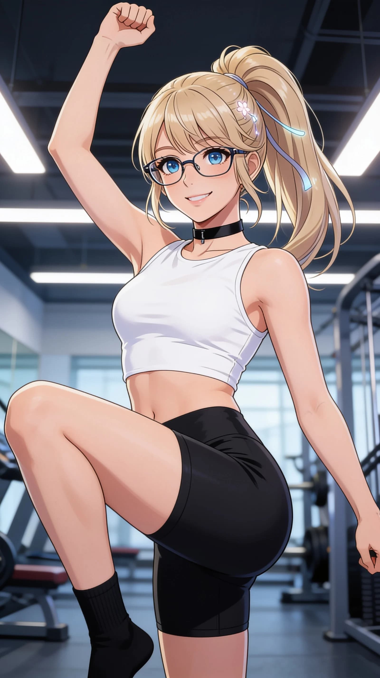 anime style, 2D cel-shaded anime illustration, anime key visual, flat cel shading, clean bold line art, vibrant saturated colors, large detailed expressive anime eyes with crisp catchlights, flat 2D rendering, not photorealistic, not 3D render, 21-year-old caucasian woman with blonde ponytail hair, blue eyes, fit athletic body, wearing a tight white crop top shirt, black short leggings, short black ankle socks, stylish glasses, and a fashionable black choker, standing in an athletic workout pose with one arm raised mid-exercise at a modern fitness gym, waist-up vertical 9:16 portrait composition centered in frame, front medium close-up camera angle, direct eye contact with the viewer and a bright friendly smile, energetic confident mood, bright overhead gym lighting with sharp highlights and soft shadows on skin and clothing, detailed anime cel shading, crisp clean linework, correct anatomy, hands cleanly drawn with five fingers, studio-quality anime key visual; avoid: photorealistic, 3D render, extra fingers, deformed hands, blurry, low detail.
