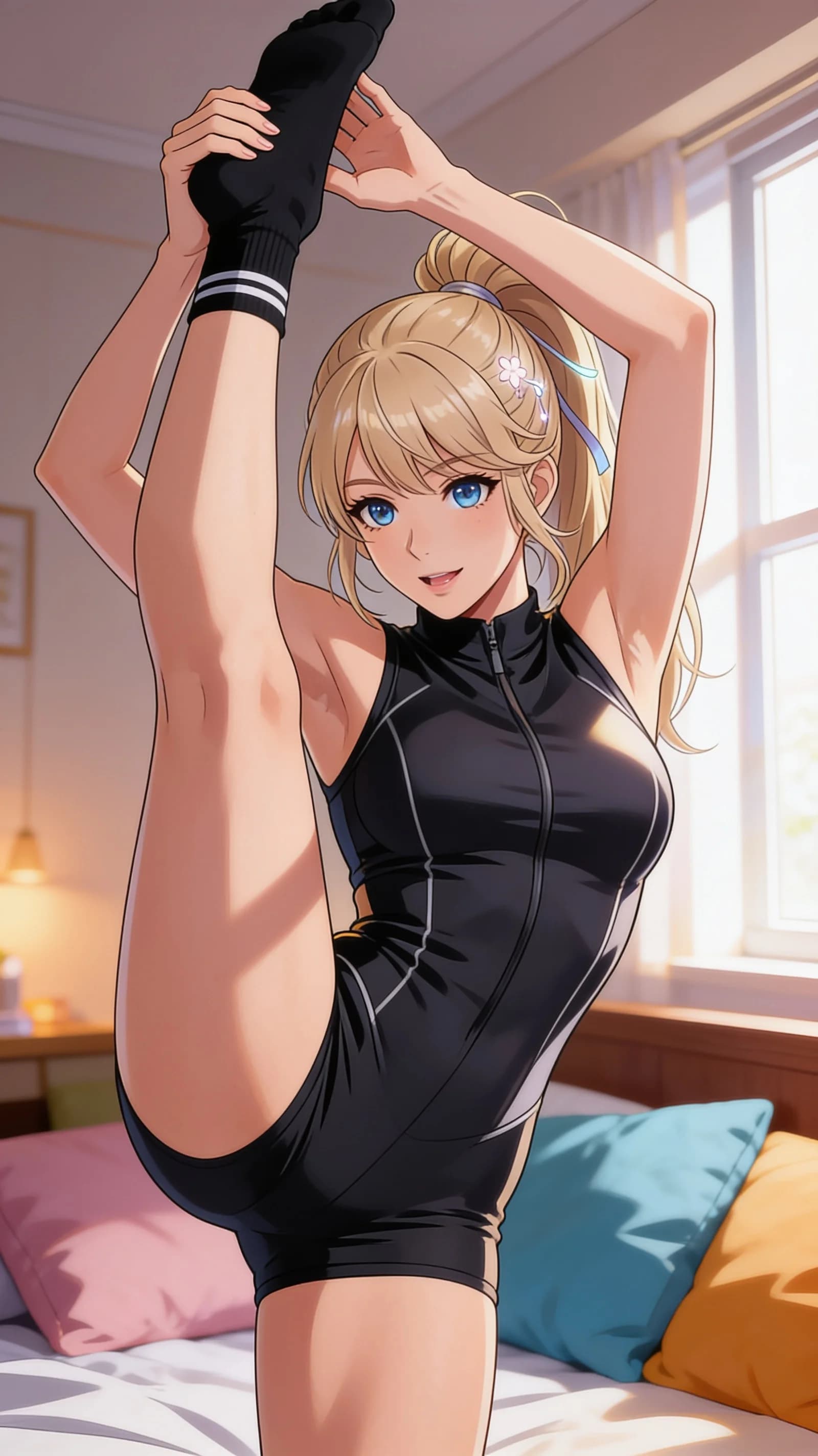 anime style, 2D cel-shaded anime illustration, anime key visual, flat cel shading, clean bold line art, vibrant saturated colors, large detailed expressive anime eyes with crisp catchlights, flat 2D rendering, not photorealistic, not 3D render, 21-year-old Caucasian woman with blonde ponytail hair, blue eyes, fit body type, wearing a stylish fitted jumpsuit and short sporty black ankle socks, performing an athletic workout pose with one leg raised in a dynamic stretch in a cozy bedroom setting with soft pillows and warm ambient decor, medium close-up vertical 9:16 portrait framing from waist to mid-thigh centered on the character, soft window light casting gentle highlights and subtle shadows across her toned form, direct intense eye contact with confident athletic determination and lips parted, energetic mood, detailed anime cel shading, crisp clean linework, correct anatomy, hands cleanly drawn with five fingers, studio-quality anime key visual; avoid: photorealistic, 3D render, extra fingers, deformed hands, blurry, low detail.