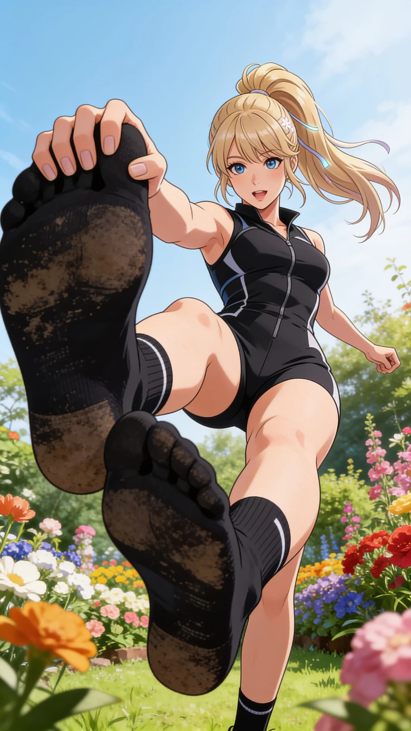 anime style, 2D cel-shaded anime illustration, anime key visual, flat cel shading, clean bold line art, vibrant saturated colors, large detailed expressive anime eyes with crisp catchlights, flat 2D rendering, not photorealistic, not 3D render, 21-year-old Caucasian woman with blonde hair in a ponytail, blue eyes, fit athletic build, wearing a stylish fitted jumpsuit and short sporty black ankle socks, posing in a beautiful garden with flowers while performing an athletic stretch, feet raised toward camera to prominently display the dirty soles of her socks, low-angle vertical portrait POV centered on her figure from head to mid-thigh with soles visible in foreground, intense direct eye contact with energetic confident expression and lips parted, bright natural sunlight filtering through garden foliage creating vibrant highlights and soft shadows, detailed anime cel shading, crisp clean linework, correct anatomy, hands cleanly drawn with five fingers, studio-quality anime key visual; avoid: photorealistic, 3D render, extra fingers, deformed hands, blurry, low detail.