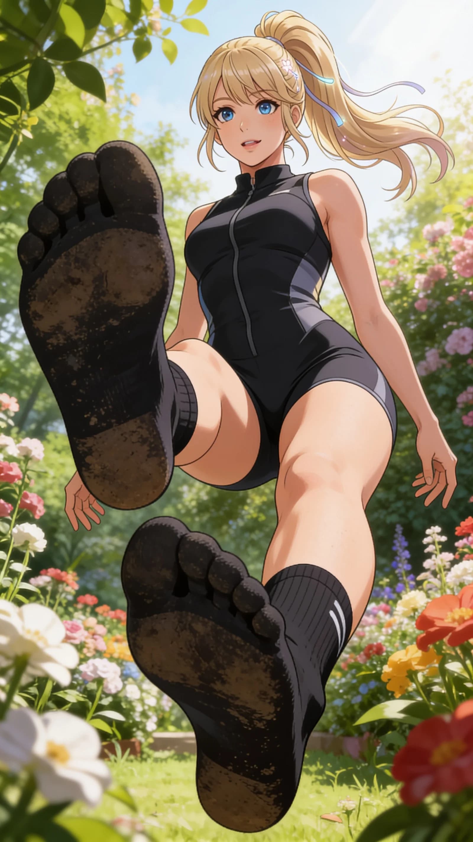 anime style, 2D cel-shaded anime illustration, anime key visual, flat cel shading, clean bold line art, vibrant saturated colors, large detailed expressive anime eyes with crisp catchlights, flat 2D rendering, not photorealistic, not 3D render, 21-year-old Caucasian woman with blonde hair in a ponytail, blue eyes, fit athletic build, wearing a stylish fitted jumpsuit and short sporty black ankle socks, posing in a beautiful garden with flowers while performing an athletic stretch, feet raised toward camera to prominently display the dirty soles of her socks, low-angle vertical portrait POV centered on her figure from head to mid-thigh with soles visible in foreground, intense direct eye contact with energetic confident expression and lips parted, bright natural sunlight filtering through garden foliage creating vibrant highlights and soft shadows, detailed anime cel shading, crisp clean linework, correct anatomy, hands cleanly drawn with five fingers, studio-quality anime key visual; avoid: photorealistic, 3D render, extra fingers, deformed hands, blurry, low detail.
