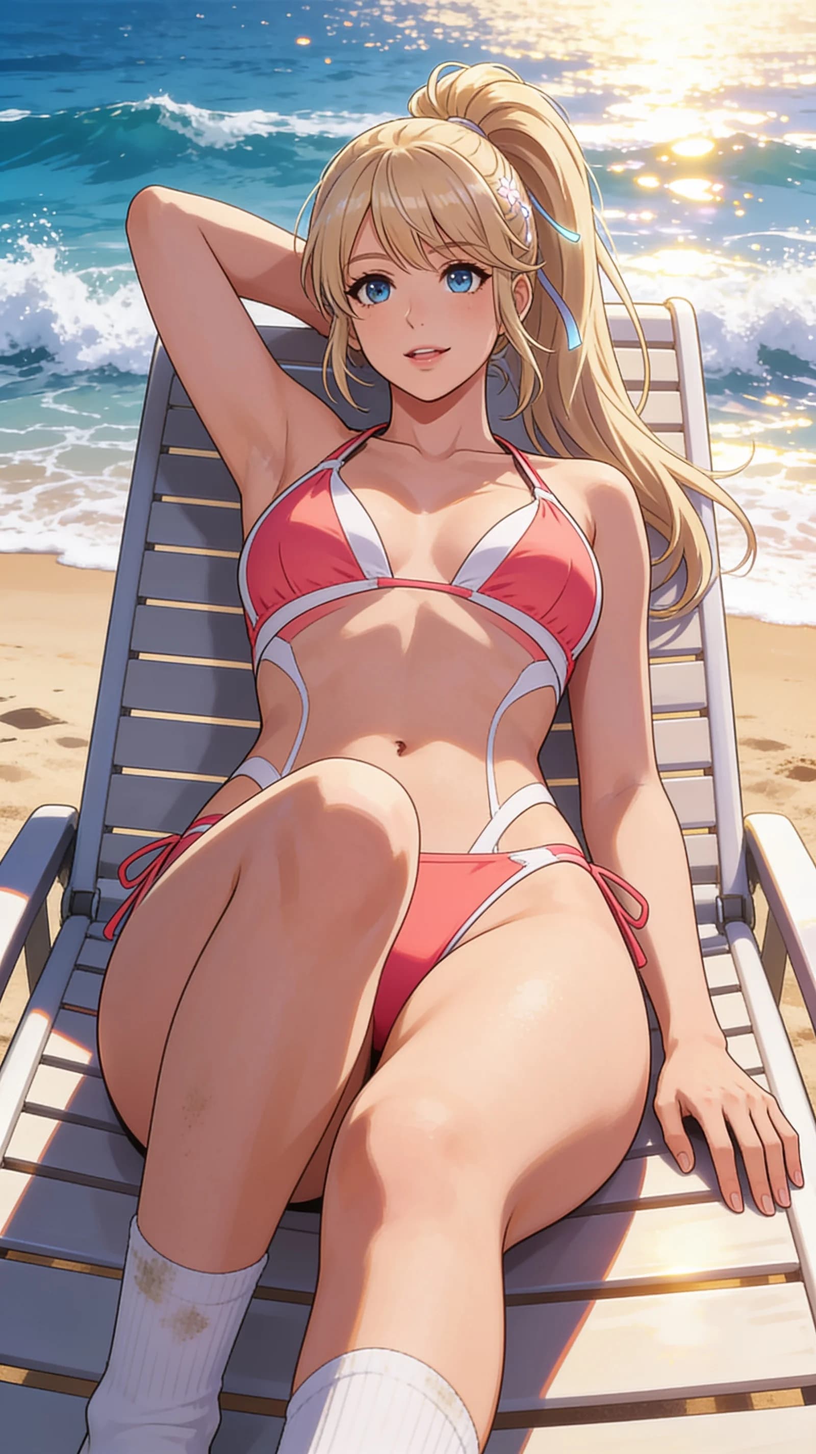 anime style, 2D cel-shaded anime illustration, anime key visual, flat cel shading, clean bold line art, vibrant saturated colors, large detailed expressive anime eyes with crisp catchlights, flat 2D rendering, not photorealistic, not 3D render, 21-year-old caucasian woman with blonde ponytail hair, blue eyes, fit body type, reclining seductively on a beach lounger while tanning on a sunny beach with ocean waves crashing in the background, wearing a stylish revealing bikini and short dirty socks, body positioned with legs slightly bent and one arm resting behind her head, medium close-up vertical 9:16 portrait framing from head to mid-thigh with character centered and filling the frame, strict first-person POV looking down at her from a slight three-quarter angle above, intense direct eye contact with the viewer showing relaxed contentment and subtle seductive allure with lips parted, bright sunny daylight lighting with warm golden-hour rim light casting soft highlights on her skin and vibrant ocean reflections, detailed anime cel shading, crisp clean linework, correct anatomy, hands cleanly drawn with five fingers, studio-quality anime key visual; avoid: photorealistic, 3D render, extra fingers, deformed hands, blurry, low detail.