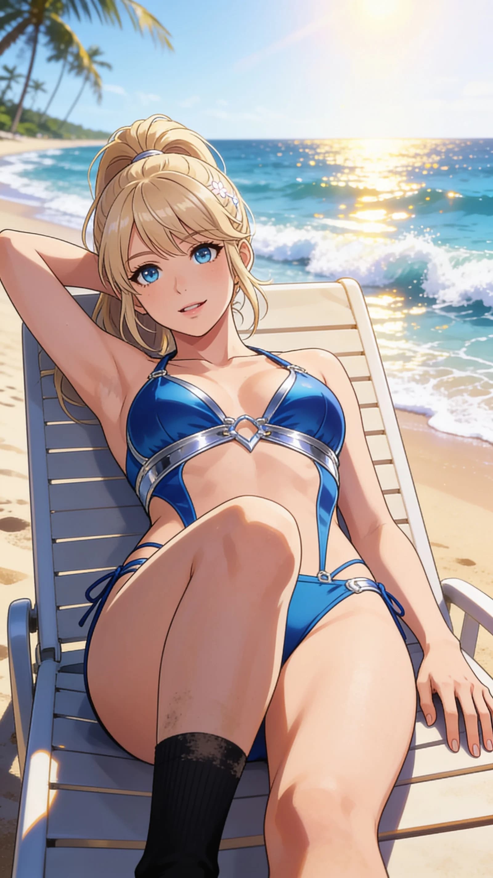 anime style, 2D cel-shaded anime illustration, anime key visual, flat cel shading, clean bold line art, vibrant saturated colors, large detailed expressive anime eyes with crisp catchlights, flat 2D rendering, not photorealistic, not 3D render, 21-year-old caucasian woman with blonde ponytail hair, blue eyes, fit body type, reclining seductively on a beach lounger while tanning on a sunny beach with ocean waves crashing in the background, wearing a stylish revealing bikini and short dirty socks, body positioned with legs slightly bent and one arm resting behind her head, medium close-up vertical 9:16 portrait framing from head to mid-thigh with character centered and filling the frame, strict first-person POV looking down at her from a slight three-quarter angle above, intense direct eye contact with the viewer showing relaxed contentment and subtle seductive allure with lips parted, bright sunny daylight lighting with warm golden-hour rim light casting soft highlights on her skin and vibrant ocean reflections, detailed anime cel shading, crisp clean linework, correct anatomy, hands cleanly drawn with five fingers, studio-quality anime key visual; avoid: photorealistic, 3D render, extra fingers, deformed hands, blurry, low detail.
