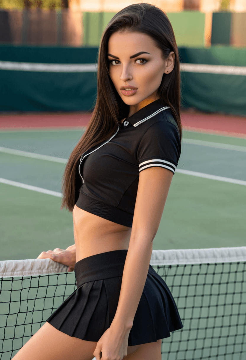 Wearing short black tennis skirt and a crop top shirt, portrait picture, looking at the viewer with a smile
