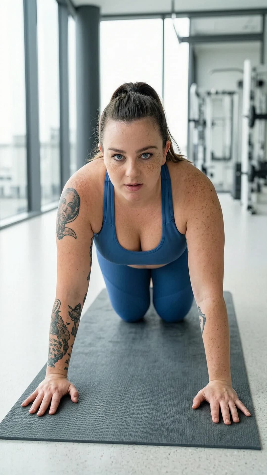 A 32-year-old Caucasian woman with brunette hair in a ponytail, blue eyes, chubby body type with soft curves and plush build, freckles across her cheeks and nose, and visible tattoos on her arms and shoulders, wearing form-fitting blue yoga pants and a matching sports bra, on her knees in a downward dog stretching pose on a yoga mat inside a modern gym with large windows, natural daylight illuminating the space, captured in a medium close-up from a three-quarter back angle with slight high POV, intense focused eye contact directed straight at viewer with determined and motivational expression, lips slightly parted in concentration, realistic style, fitness photography, motivational atmosphere, healthy lifestyle vibe, chubby physique with natural body physics and skin texture, Flawless anatomy, no extra digits, no extra limbs, realistic skin texture, high-detail.