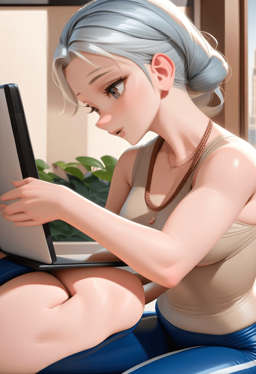 24-year-old caucasian woman, confident businesswoman, fit body type, athletic curves, energetic presence, sophisticated makeup, styled hair, wearing a tailored navy blue power suit, sitting at an executive desk, holding a tablet, warm, bright smile, looking at viewer, modern corner office, city skyline view through floor-to-ceiling windows, professional headshot style, photorealistic, high detail, full body, sitting casually, relaxed pose, standing confidently, full body shot, squatting position, athletic pose, kneeling pose, elegant position, wearing a sleek latex skirt, working out at the gym, athletic activity, wearing an elegant necklace, in a lush green forest