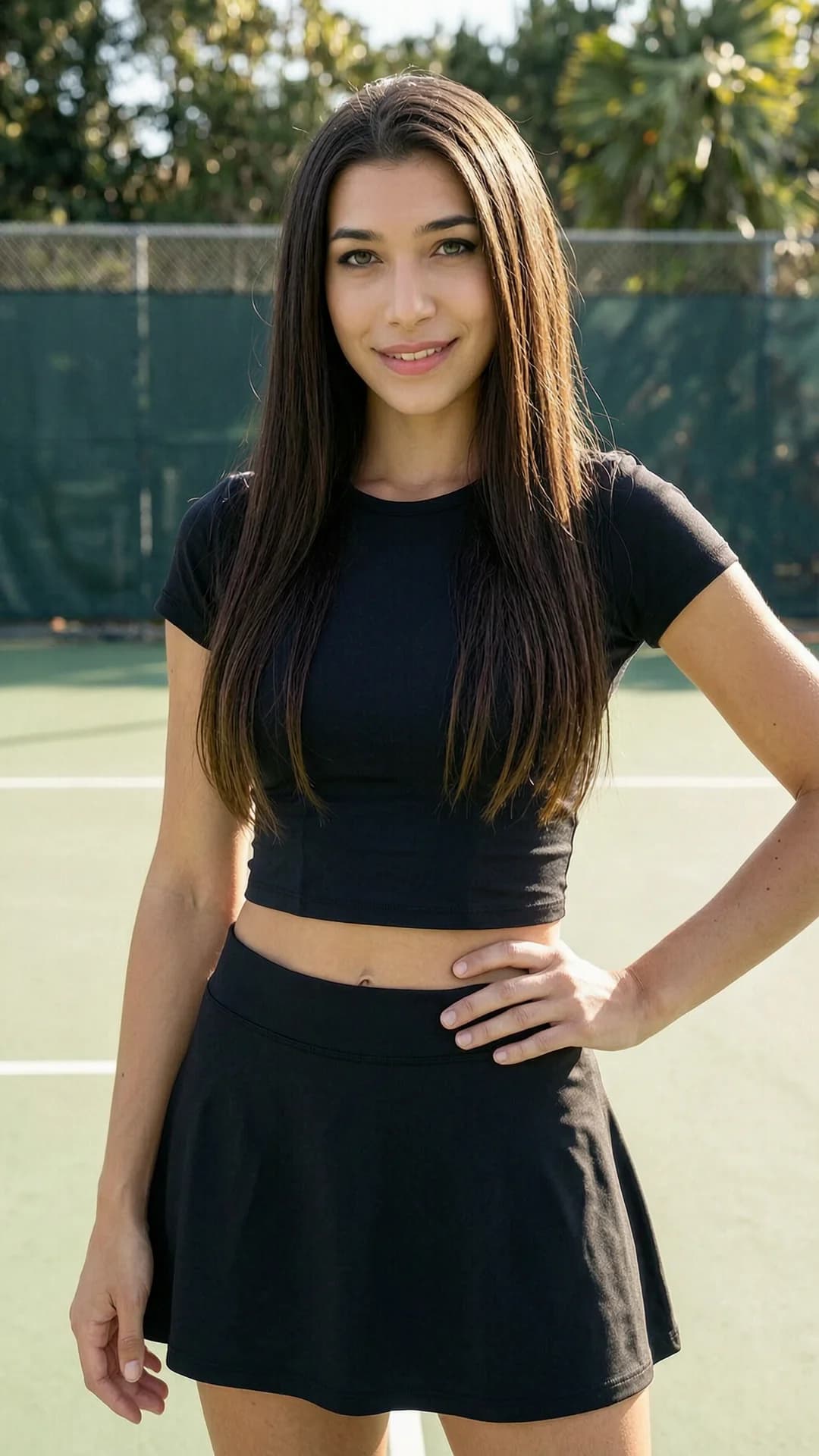 A 24-year-old Caucasian woman with straight brunette hair, green eyes, and a fit body type, wearing a short black tennis skirt and a tight crop top shirt that exposes her midriff, standing in a bright sunlit tennis court setting with soft natural lighting casting gentle shadows on her skin, captured in a medium close-up portrait from eye-level front angle directly facing the viewer, body slightly angled with one hand on her hip and shoulders relaxed, intense direct eye contact with the viewer and a warm genuine smile with parted lips, realistic style, Flawless anatomy, no extra digits, no extra limbs, realistic skin texture, high-detail.