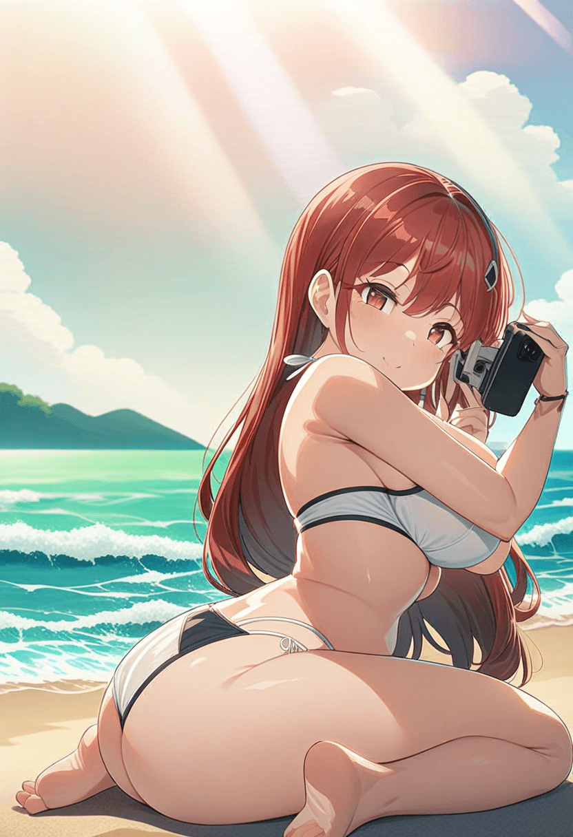 1girl, solo, asian woman, 24 years old, largebreasts, large butt, anime style, wearing stylish bikini, beach setting, sand, ocean waves, sunny day, kneeling pose, elegant position, full body, detailed face, long hair, seductive expression, high quality, vibrant colors, dynamic lighting