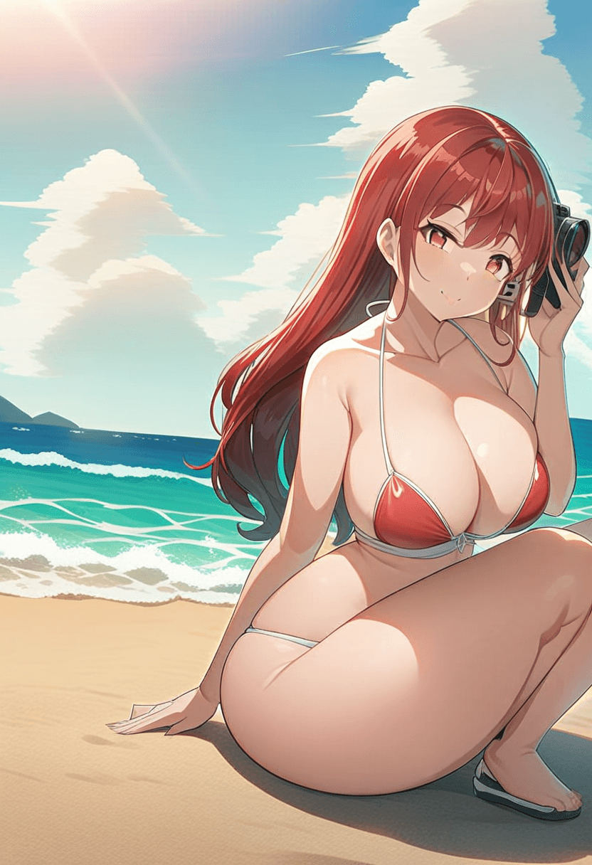 1girl, solo, asian woman, 24 years old, largebreasts, large butt, anime style, wearing stylish bikini, beach setting, sand, ocean waves, sunny day, kneeling pose, elegant position, full body, detailed face, long hair, seductive expression, high quality, vibrant colors, dynamic lighting