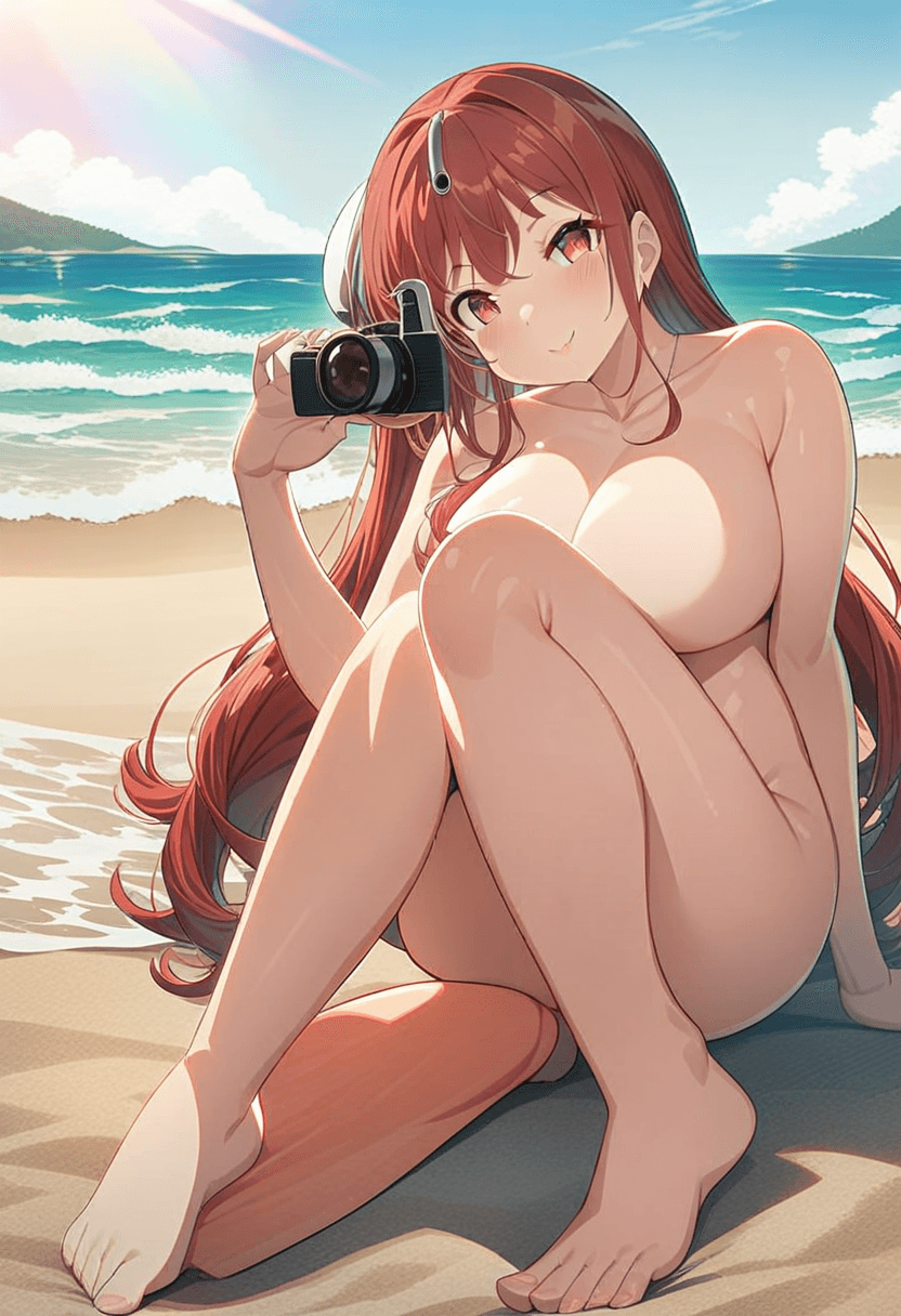 1girl, solo, asian woman, 24 years old, largebreasts, large butt, anime style, naked, beach setting, sand, ocean waves, sunny day, kneeling pose, elegant position, full body, detailed face, long hair, seductive expression, high quality, vibrant colors, dynamic lighting
