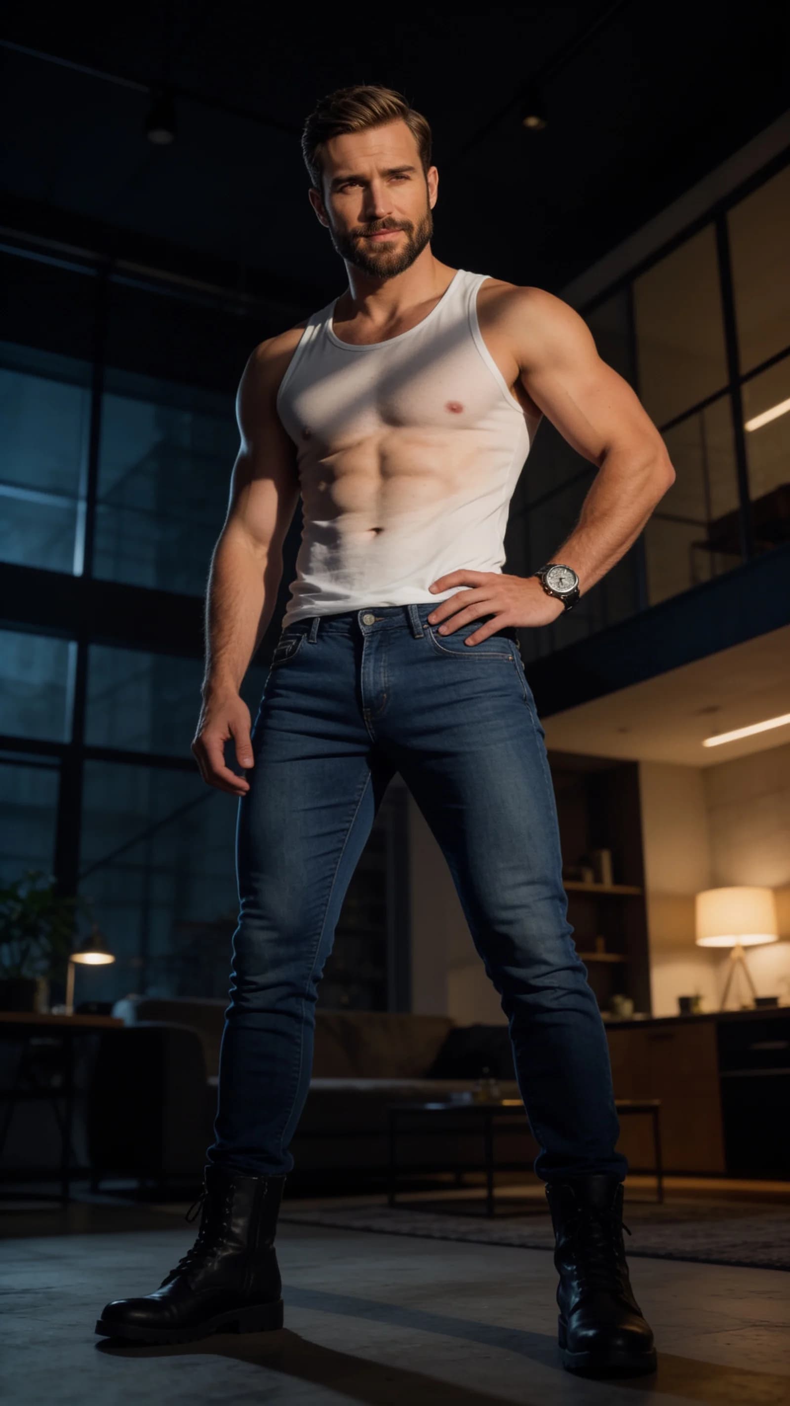 32-year-old Caucasian fit man with short brown hair, brown eyes, beard and wearing a watch, dressed in tight blue jeans, black leather boots and a white undershirt, standing confidently with legs apart and one hand resting on his hip in a modern dimly lit loft apartment, full body view from eye level angle, intense direct eye contact with a confident smirk, dramatic cinematic lighting casting soft shadows across his muscular torso, realistic style, Flawless anatomy, no extra digits, no extra limbs, realistic skin texture, high-detail.