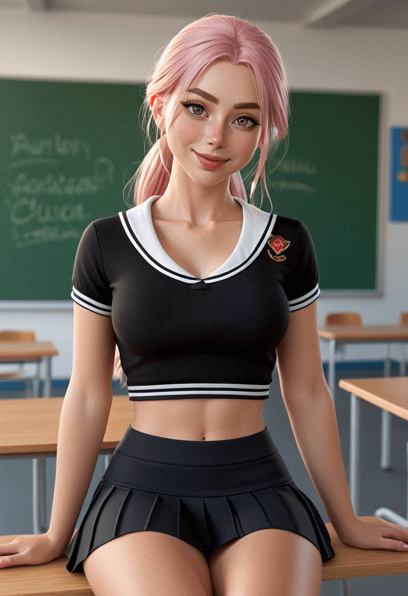 18-year-old caucasian woman, fit body type, small butt, realistic style, wearing short black tennis skirt and crop top shirt, fashionable mini skirt, sitting casually in relaxed pose, portrait picture, looking at the viewer with a smile, in a classroom environment, full-body view, detailed face, natural lighting, high resolution, photorealistic, cyberrealistic