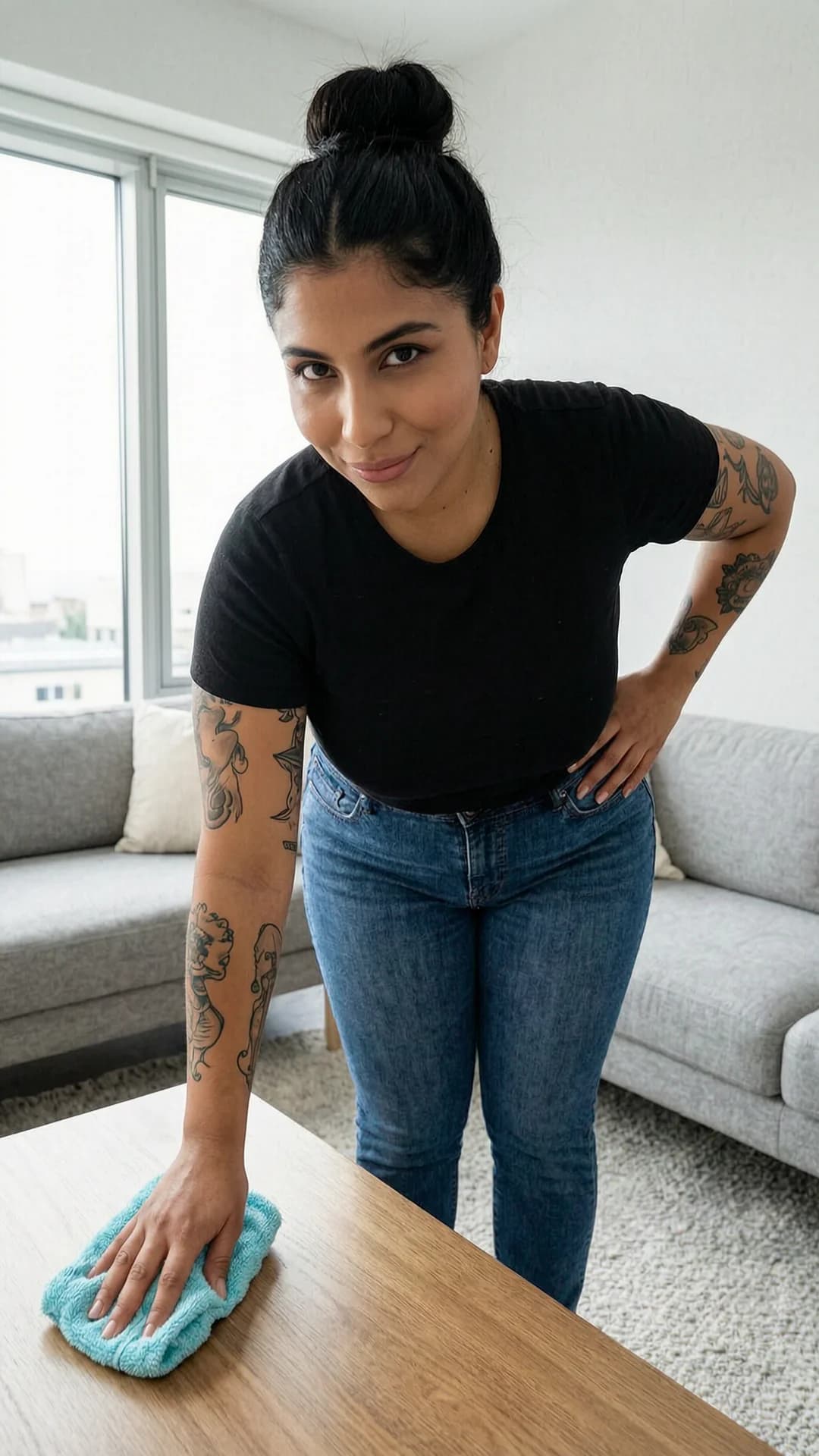 A 28-year-old chubby Latina woman with black hair in a sexy bun, brown eyes, visible tattoos on her arms and collarbone, wearing tight black T-shirt and blue jeans, stands in a modern apartment living room while cleaning, bent slightly forward dusting a low table with one hand on her hip, body angled toward viewer, first-person POV looking down at her from eye level, she turns her head to make intense direct eye contact with a flirty playful smile and parted lips, seductive expression, soft natural window lighting highlighting her curves and fabric texture, realistic style, Flawless anatomy, no extra digits, no extra limbs, realistic skin texture, high-detail.