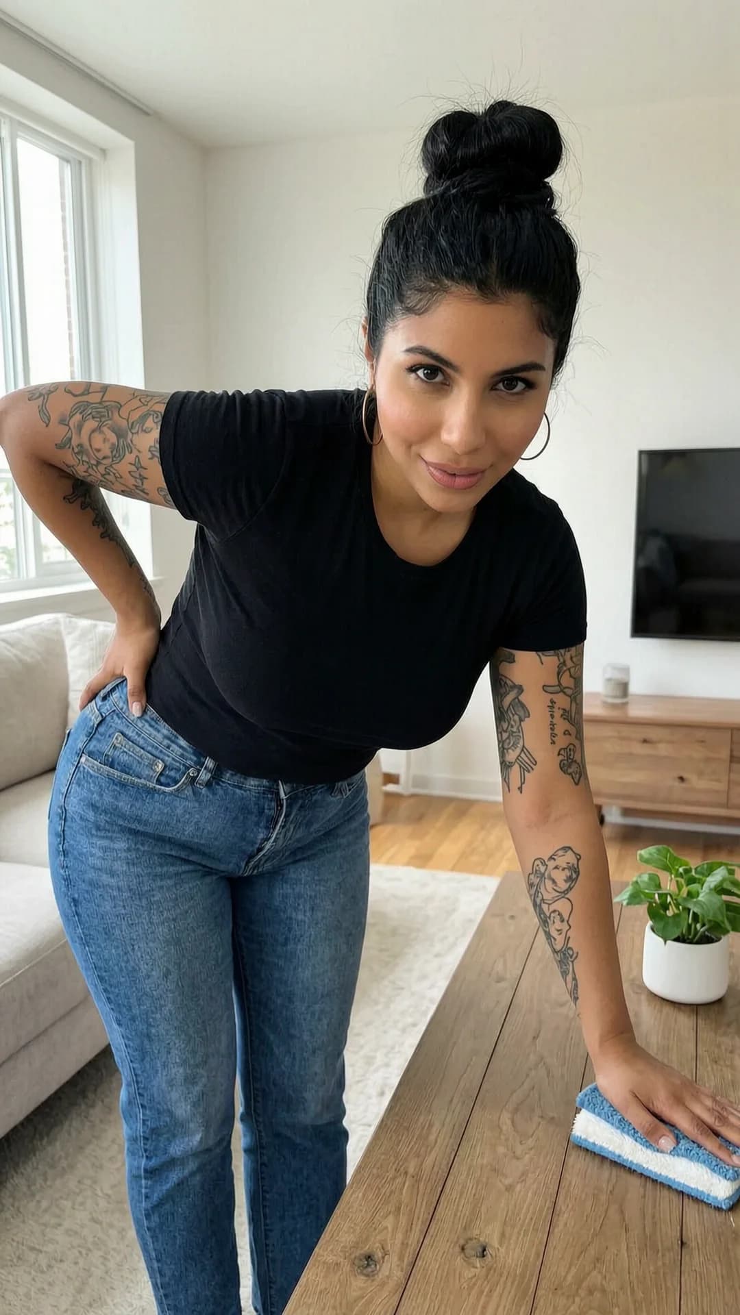 A 28-year-old chubby Latina woman with black hair in a sexy bun, brown eyes, visible tattoos on her arms and collarbone, wearing tight black T-shirt and blue jeans, stands in a modern apartment living room while cleaning, bent slightly forward dusting a low table with one hand on her hip, body angled toward viewer, first-person POV looking down at her from eye level, she turns her head to make intense direct eye contact with a flirty playful smile and parted lips, seductive expression, soft natural window lighting highlighting her curves and fabric texture, realistic style, Flawless anatomy, no extra digits, no extra limbs, realistic skin texture, high-detail.
