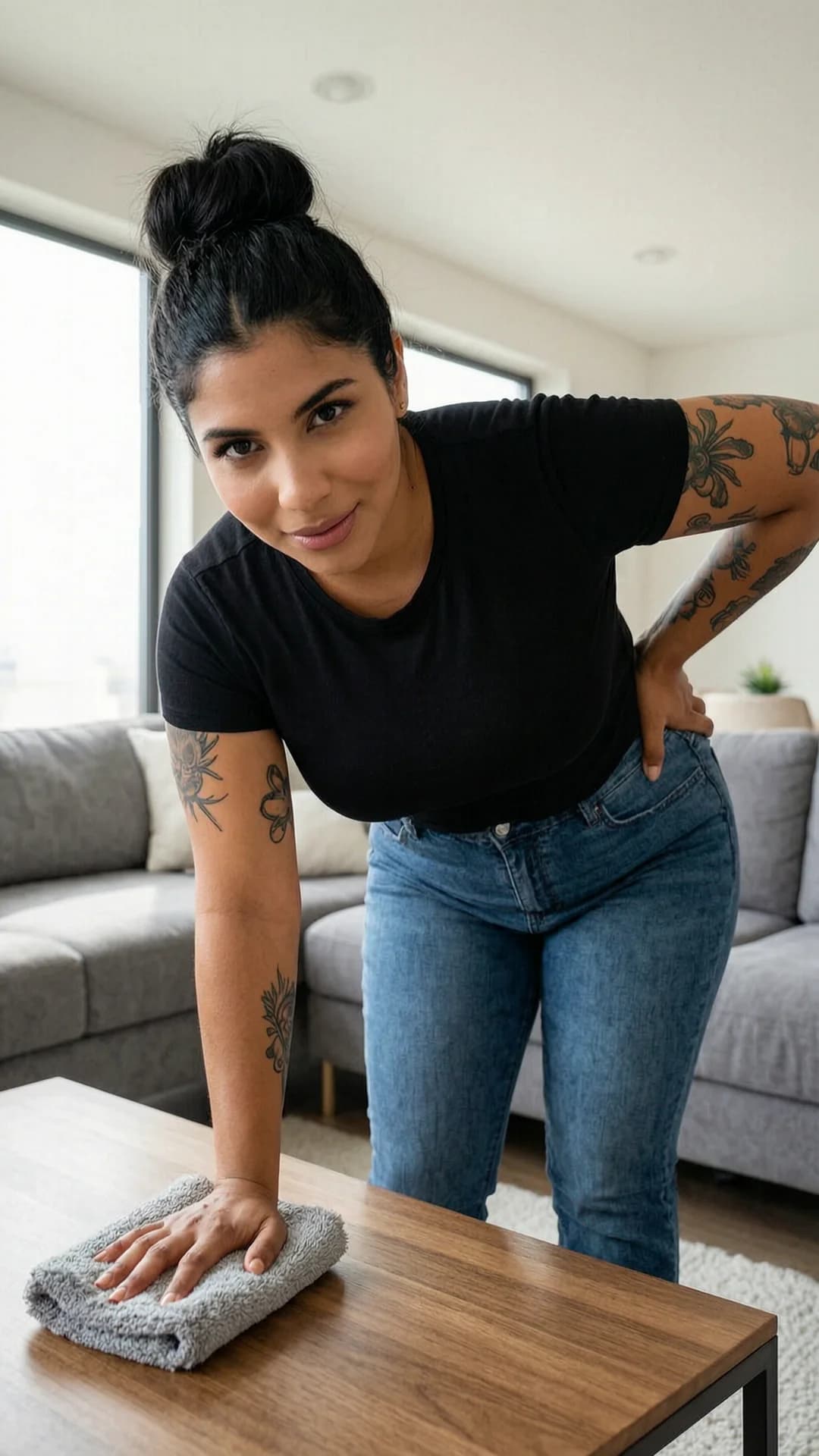 A 28-year-old chubby Latina woman with black hair in a sexy bun, brown eyes, visible tattoos on her arms and collarbone, wearing tight black T-shirt and blue jeans, stands in a modern apartment living room while cleaning, bent slightly forward dusting a low table with one hand on her hip, body angled toward viewer, first-person POV looking down at her from eye level, she turns her head to make intense direct eye contact with a flirty playful smile and parted lips, seductive expression, soft natural window lighting highlighting her curves and fabric texture, realistic style, Flawless anatomy, no extra digits, no extra limbs, realistic skin texture, high-detail.