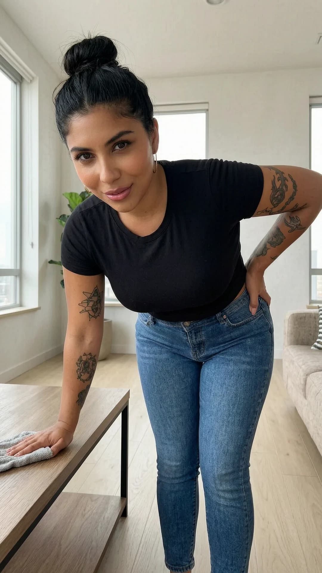 A 28-year-old chubby Latina woman with black hair in a sexy bun, brown eyes, visible tattoos on her arms and collarbone, wearing tight black T-shirt and blue jeans, stands in a modern apartment living room while cleaning, bent slightly forward dusting a low table with one hand on her hip, body angled toward viewer, first-person POV looking down at her from eye level, she turns her head to make intense direct eye contact with a flirty playful smile and parted lips, seductive expression, soft natural window lighting highlighting her curves and fabric texture, realistic style, Flawless anatomy, no extra digits, no extra limbs, realistic skin texture, high-detail.