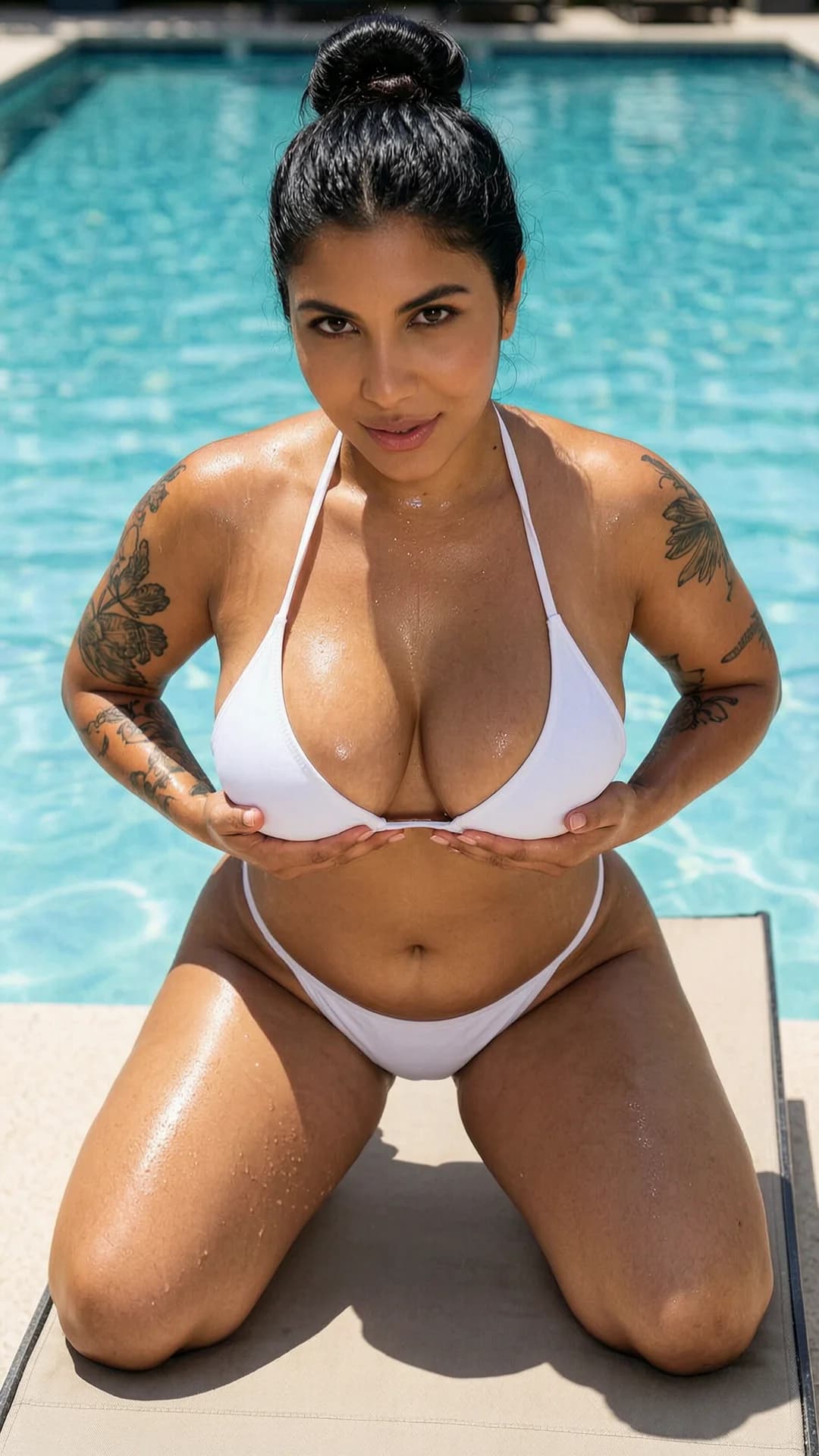 A 28-year-old Latina woman with a chubby body, black hair in a bun, brown eyes, visible tattoos, and trimmed pubic hair, wearing a white thong bikini with the top pulled aside to fully expose her large breasts, kneeling sensually on a pool lounger by the water's edge in bright sunlight, body leaning forward with soft chubby thighs spread, holding up and squeezing her exposed breasts together with both hands, nipples visibly erect, skin glistening with sweat and oil, white thong bottom riding up between her cheeks, intense direct eye contact with seductive lust and teasing smile, lips parted, medium close-up from front low-angle POV, realistic physics on soft breast tissue and body jiggle, nsfw, Flawless anatomy, no extra digits, no extra limbs, realistic skin texture, high-detail.