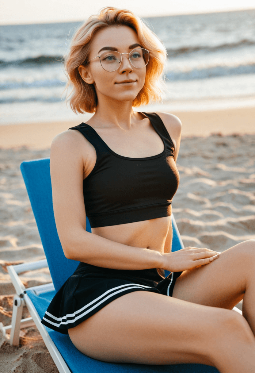 Wearing short black tennis skirt and a crop top shirt, portrait picture, looking at the viewer with a smile, tanning on a beach lounger, on a sunny beach with ocean waves