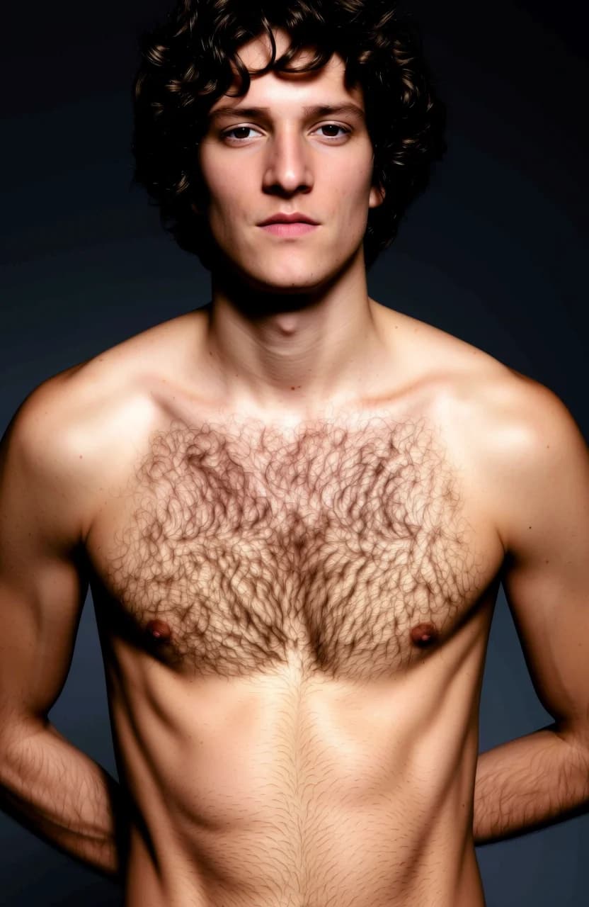 Explicit image of a curly hairy muscular man, completely naked, hairy chest, focusing on his defined abs, chest, and V-line, with visible uncut penis, detailed skin texture, professional pornographic fitness style, dramatic lighting