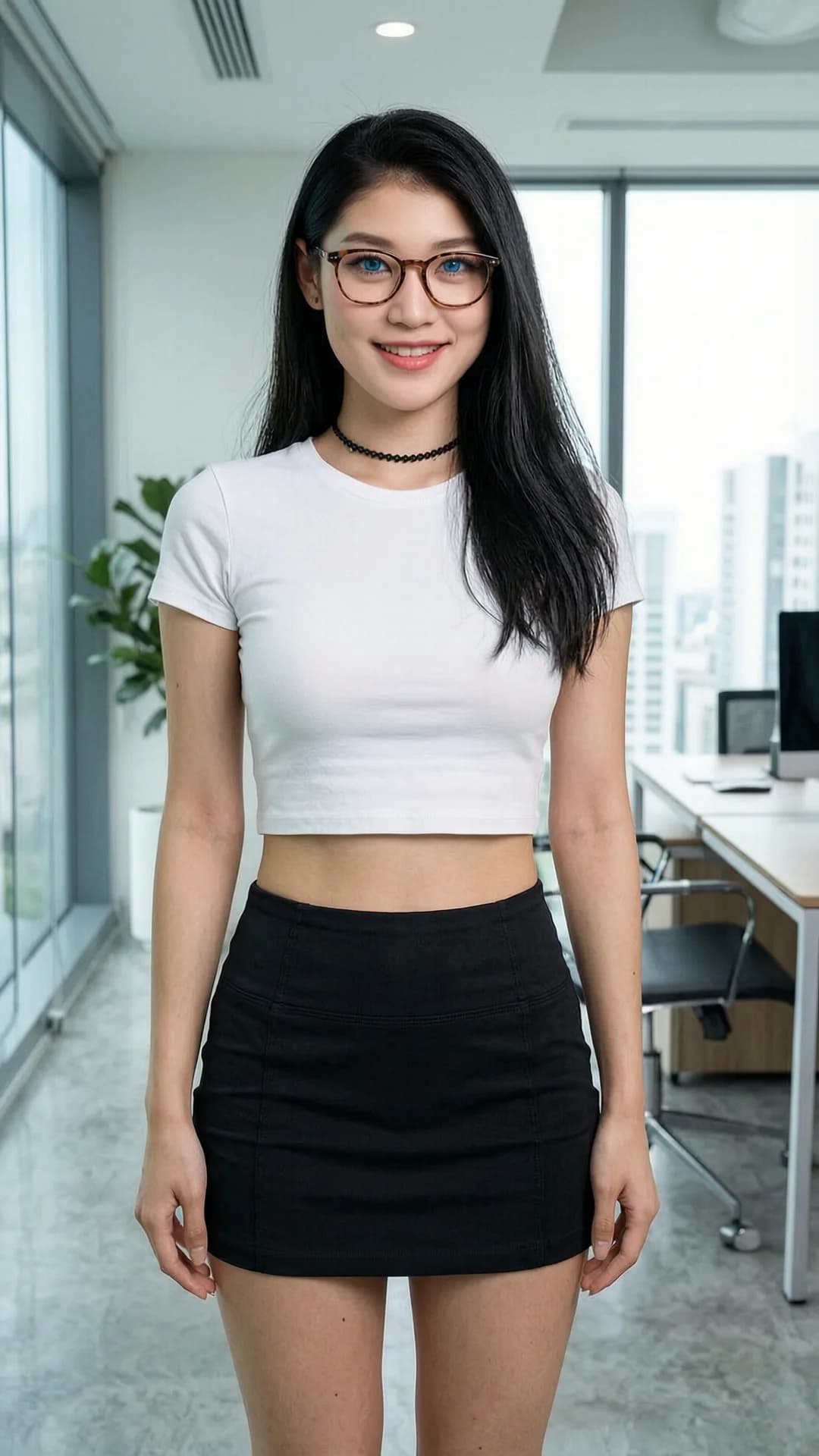 A 26-year-old Asian woman with long black hair, blue eyes, skinny body type, wearing stylish glasses and a fashionable choker, nipple piercings subtly outlined beneath fabric, standing confidently in a modern office setting with large windows and sleek furniture, dressed in a short black tennis skirt and tight white crop top shirt that exposes her midriff, full body frontal shot from eye-level camera angle, direct eye contact with the viewer and a warm confident smile, lips slightly parted, natural daylight lighting with soft shadows highlighting her slim figure and smooth skin texture, body held upright with relaxed shoulders and hands at sides, Flawless anatomy, no extra digits, no extra limbs, realistic skin texture, high-detail.