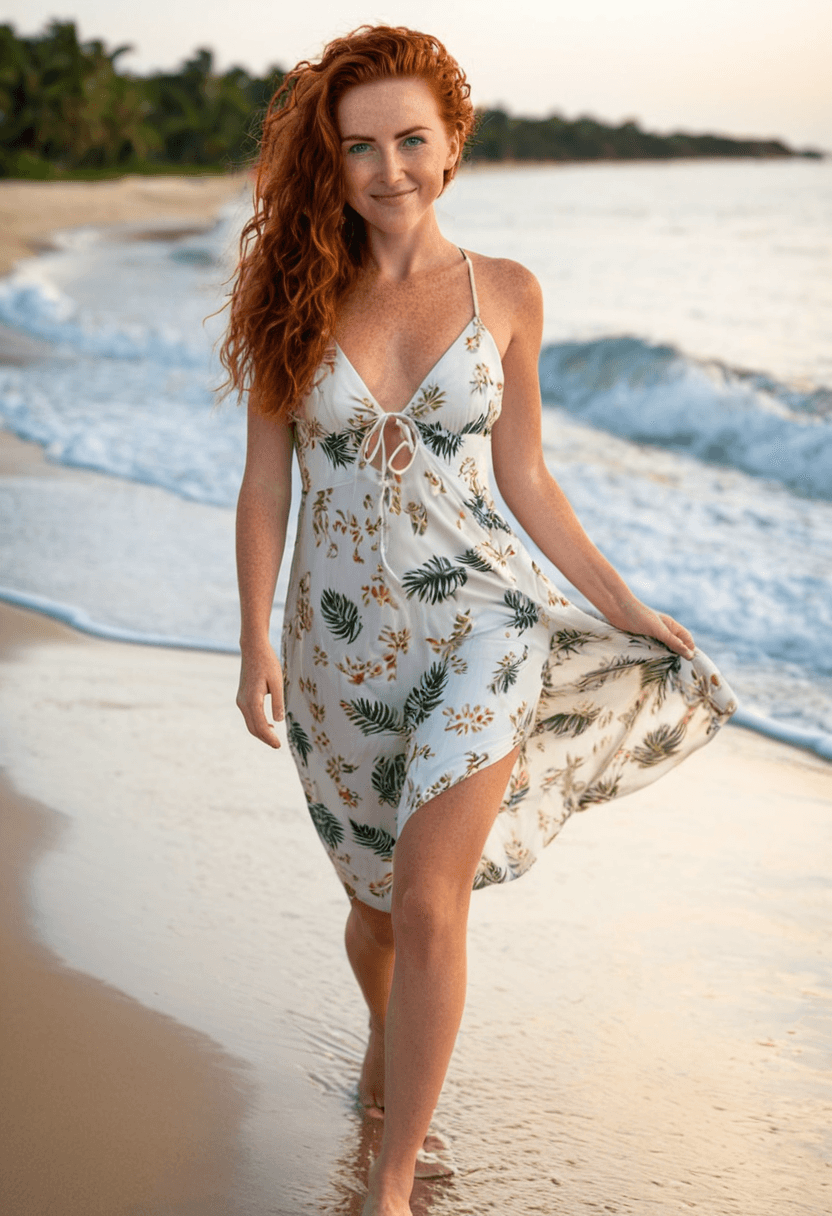Happy woman wearing a string bikini walking barefoot on pristine beach, golden sunset lighting, sea breeze moving dress and hair, carrying sun hat, genuine carefree smile, footprints in sand, tropical paradise background, sexy, vacation photography style, wearing a stylish bikini on the beach