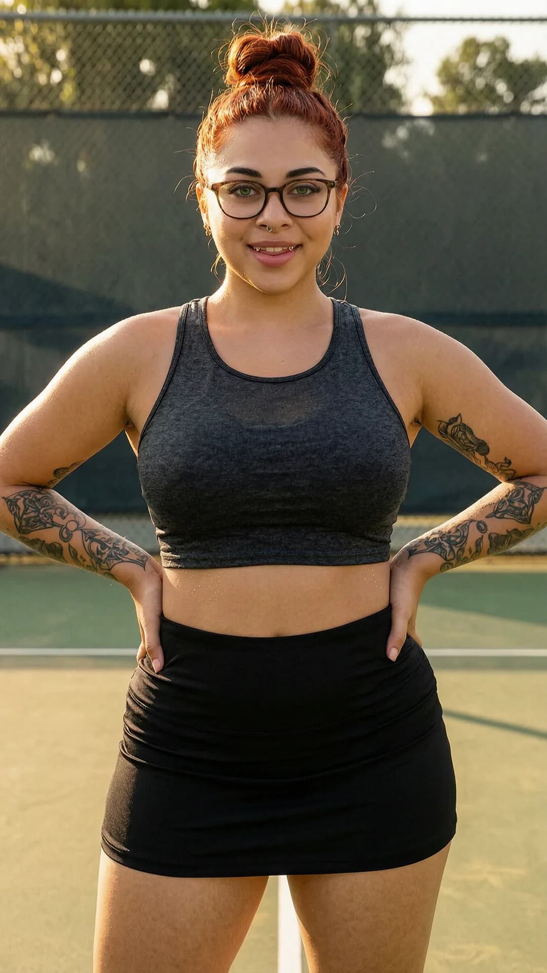 21-year-old Latina woman with chubby body type, red hair in a neat bun, green eyes, wearing glasses, intricate tattoos on her arms and torso, subtle nipple piercings visible through thin fabric, dressed in a short black tennis skirt that hugs her wide hips and a tight crop top shirt exposing her soft midriff and underboob, portrait shot from a straight-on medium close-up camera angle at eye level, standing confidently with shoulders back and hands on hips to accentuate her curves, body physics showing full heavy breasts straining against the crop top with visible piercings pressing outward, plump thighs slightly parted under the skirt, subtle skin sheen from light sweat on her warm olive-toned skin, bright outdoor tennis court setting in golden hour sunlight casting soft shadows and warm glow across her face, smiling playfully at the viewer with direct eye contact full of inviting warmth and mischief, lips slightly parted in a teasing grin, realistic style with high detail on facial features, fabric textures clinging to her voluptuous form, mood joyful and flirtatious, flawless anatomy, no extra digits, no extra limbs, realistic skin texture, high-detail.