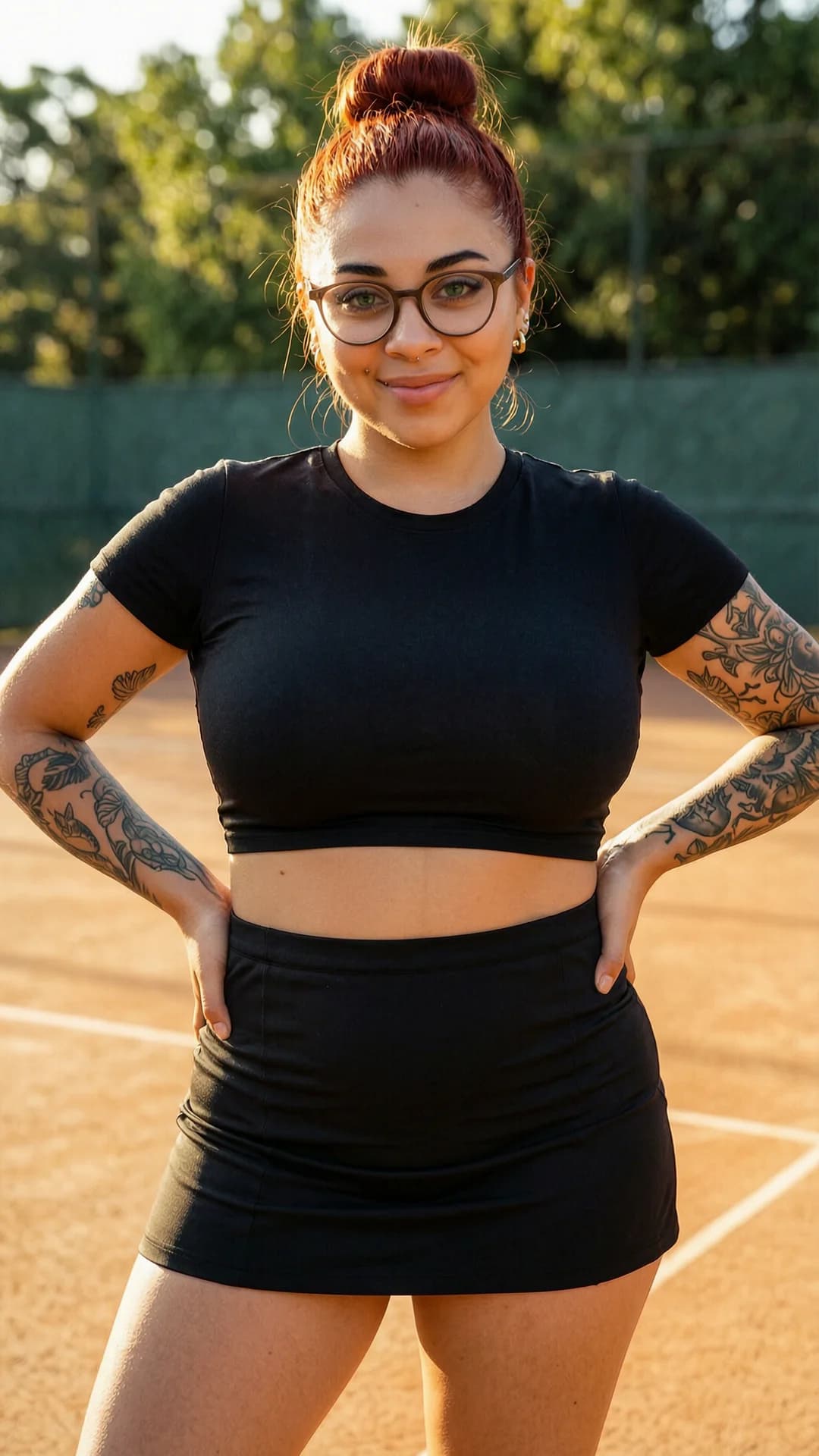 21-year-old Latina woman with chubby body type, red hair in a neat bun, green eyes, wearing glasses, intricate tattoos on her arms and torso, subtle nipple piercings visible through thin fabric, dressed in a short black tennis skirt that hugs her wide hips and a tight crop top shirt exposing her soft midriff and underboob, portrait shot from a straight-on medium close-up camera angle at eye level, standing confidently with shoulders back and hands on hips to accentuate her curves, body physics showing full heavy breasts straining against the crop top with visible piercings pressing outward, plump thighs slightly parted under the skirt, subtle skin sheen from light sweat on her warm olive-toned skin, bright outdoor tennis court setting in golden hour sunlight casting soft shadows and warm glow across her face, smiling playfully at the viewer with direct eye contact full of inviting warmth and mischief, lips slightly parted in a teasing grin, realistic style with high detail on facial features, fabric textures clinging to her voluptuous form, mood joyful and flirtatious, flawless anatomy, no extra digits, no extra limbs, realistic skin texture, high-detail.