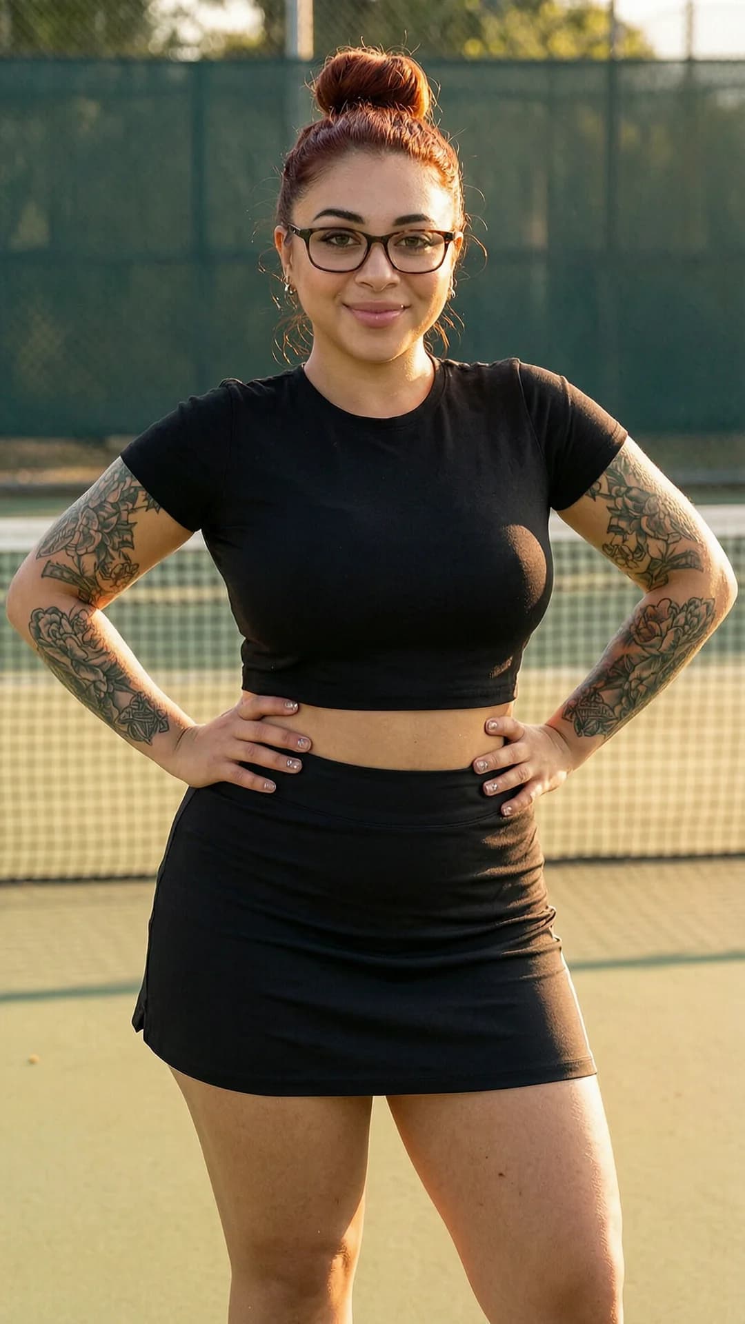 21-year-old Latina woman with chubby body type, red hair in a neat bun, green eyes, wearing glasses, intricate tattoos on her arms and torso, subtle nipple piercings visible through thin fabric, dressed in a short black tennis skirt that hugs her wide hips and a tight crop top shirt exposing her soft midriff and underboob, portrait shot from a straight-on medium close-up camera angle at eye level, standing confidently with shoulders back and hands on hips to accentuate her curves, body physics showing full heavy breasts straining against the crop top with visible piercings pressing outward, plump thighs slightly parted under the skirt, subtle skin sheen from light sweat on her warm olive-toned skin, bright outdoor tennis court setting in golden hour sunlight casting soft shadows and warm glow across her face, smiling playfully at the viewer with direct eye contact full of inviting warmth and mischief, lips slightly parted in a teasing grin, realistic style with high detail on facial features, fabric textures clinging to her voluptuous form, mood joyful and flirtatious, flawless anatomy, no extra digits, no extra limbs, realistic skin texture, high-detail.