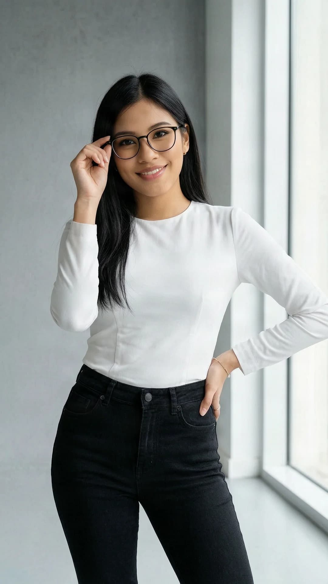 21-year-old Asian woman with long black hair, brown eyes, skinny body type, wearing glasses, as a beautiful Korean idol standing confidently in a sleek modern photoshoot studio with soft natural window light, dressed in a fitted white blouse tucked into high-waisted black jeans and subtle accessories, posing with one hand lightly touching her glasses frame and the other on her hip, body slightly angled toward the viewer with elegant posture, medium close-up from eye-level front angle, intense direct eye contact with warm charming smile and parted lips, realistic style, cinematic lighting, flawless anatomy, no extra digits, no extra limbs, realistic skin texture, high-detail.