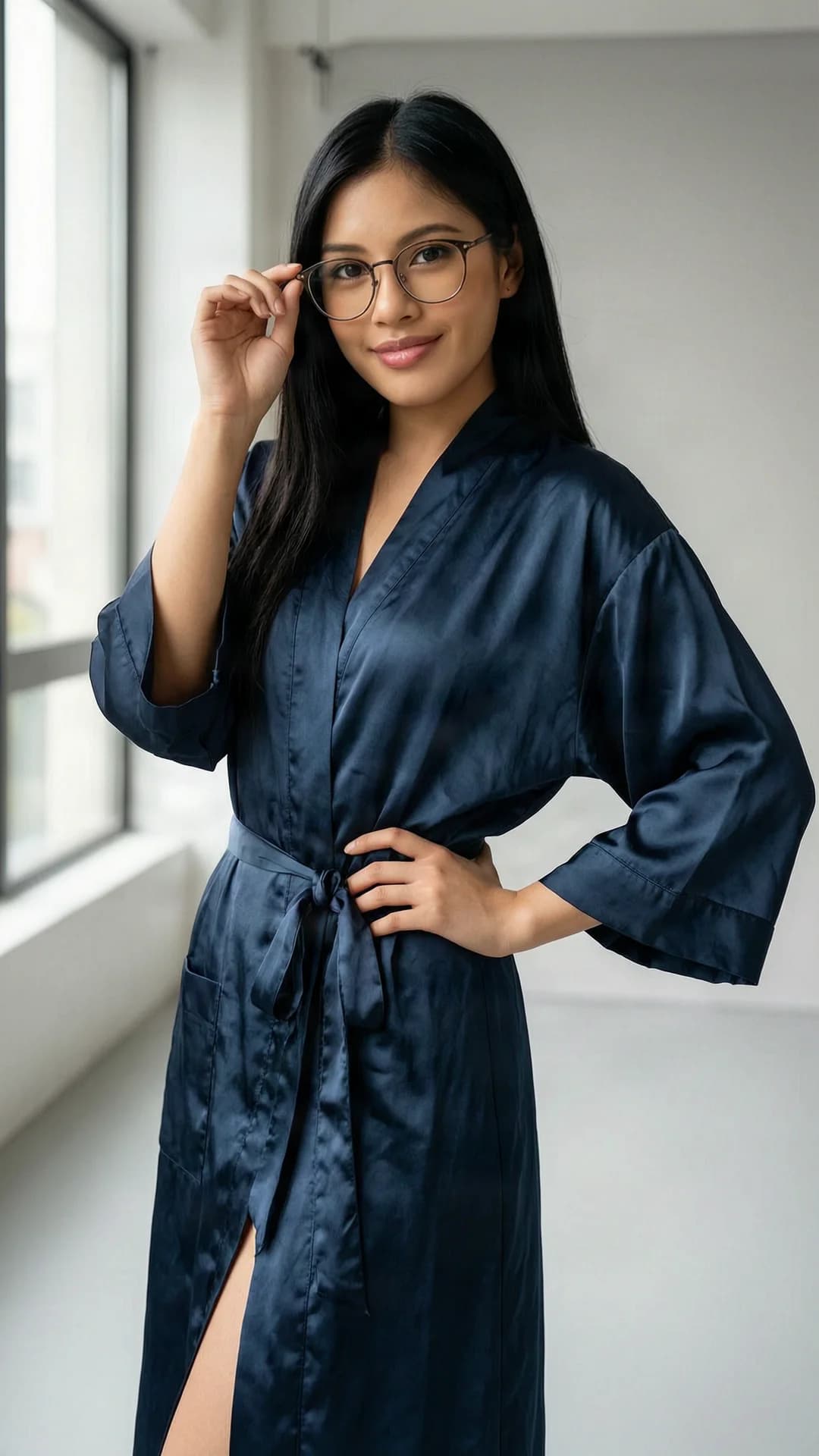 21-year-old Asian woman with long black hair, brown eyes, skinny body type, wearing glasses, as a beautiful Korean idol standing confidently in a sleek modern photoshoot studio with soft natural window light, dressed in a luxurious satin robe, posing with one hand lightly touching her glasses frame and the other on her hip, body slightly angled toward the viewer with elegant posture, medium close-up from eye-level front angle, intense direct eye contact with warm charming smile and parted lips, realistic style, cinematic lighting, Flawless anatomy, no extra digits, no extra limbs, realistic skin texture, high-detail.
