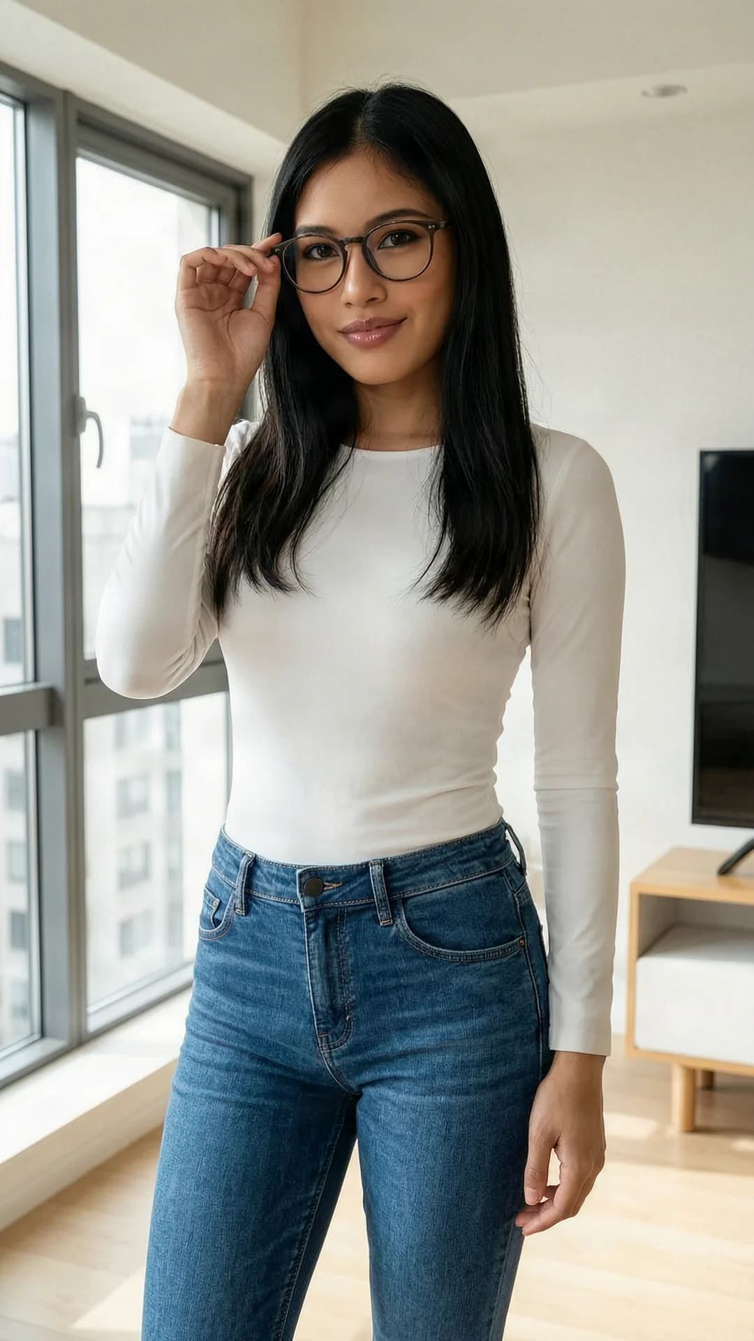 A 21-year-old Asian woman with long black hair, brown eyes, skinny body type and wearing glasses, standing gracefully in a sunlit modern Tokyo apartment interior, dressed in a fitted white blouse and slim blue jeans, elegant upright pose with one hand lightly touching her glasses frame, medium close-up from front angle, intense direct eye contact with soft confident smile and parted lips, soft natural window lighting highlighting smooth skin and subtle body contours, realistic style, Flawless anatomy, no extra digits, no extra limbs, realistic skin texture, high-detail.