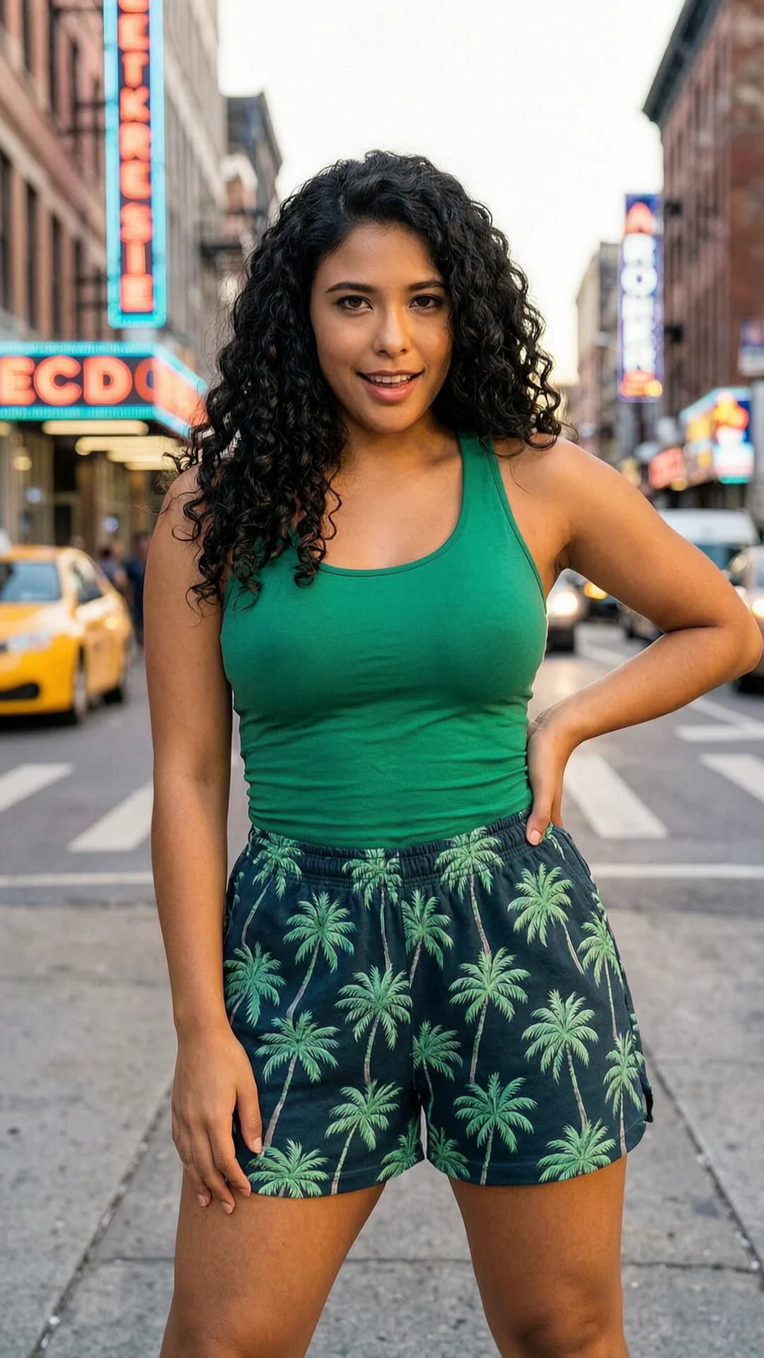 A 22-year-old Latina woman with a chubby body type, curly black hair, and brown eyes, wearing oversized baggy gym shorts that reach her knees featuring a repeating palm tree pattern and a fitted green tank top, standing in a vibrant urban street setting with neon signs and city lights in the background, flirty pose with one hand on her hip and body slightly angled toward the viewer, bright cinematic daylight lighting with warm highlights on her skin, medium close-up from front angle, direct intense eye contact with a seductive flirty smile and parted lips conveying playful excitement, urban and energetic mood, baggy shorts hanging loosely on her thighs with natural fabric folds, tank top clinging to her curves, realistic skin texture and body physics, Flawless anatomy, no extra digits, no extra limbs, realistic skin texture, high-detail.