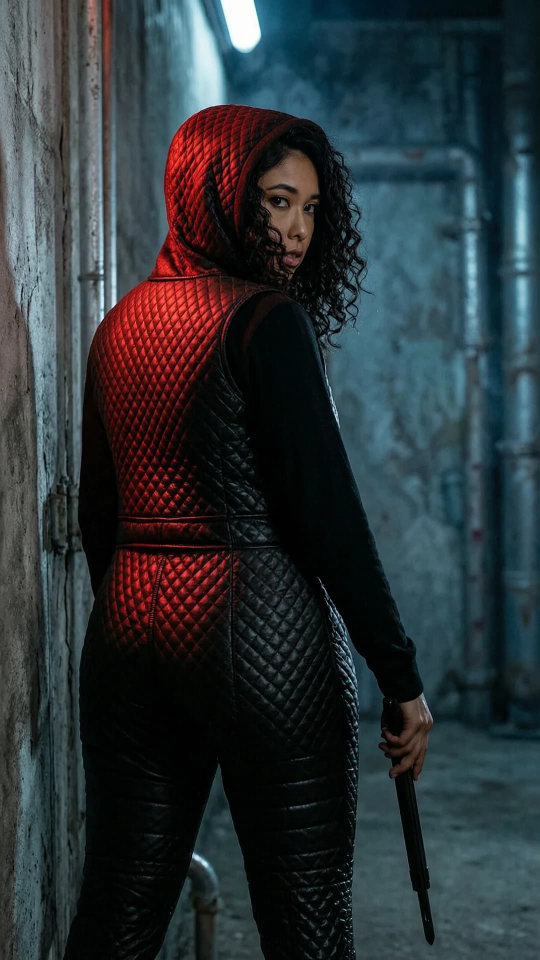 A 22-year-old Latina woman with chubby body type, curly black hair and brown eyes stands seen from behind in a dim industrial alleyway, hooded garment with hood pulled up casting deep shadows across her face, textured scale-like fabric washed by stark red light on the right side of head and shoulders creating high-contrast dramatic rim lighting against dark leather outfit with segmented quilted detailing on lower garment, left arm hanging loosely at side while right hand grips a slender dark weapon-like object, narrow gritty space with rough grimy concrete wall and large metallic industrial pipes running along it under subtle cool blue background light and faint atmospheric fog, cyberpunk dystopian aesthetic with deep blues blacks and striking red accents, mysterious tense sinister mood, eye-level POV from directly behind with shallow depth of field keeping the figure sharp while softly blurring the background, she turns her head slightly over the shoulder for intense eye contact with enigmatic tension and parted lips, flawless anatomy, no extra digits, no extra limbs, realistic skin texture, high-detail.