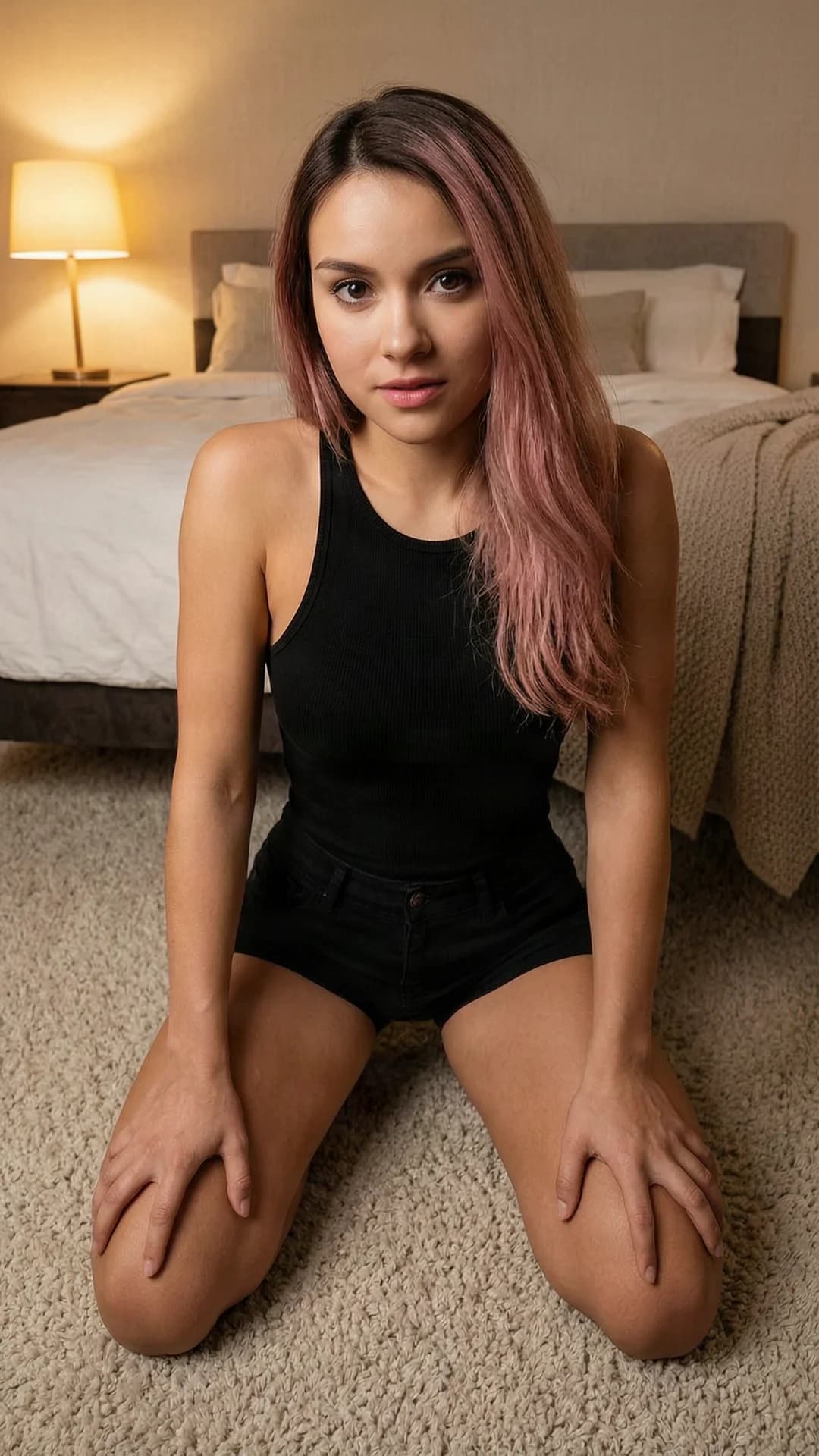 A 24-year-old Caucasian woman with long pink hair, brown eyes, and a fit body type kneels elegantly in a seductive pose on the soft carpet of a cozy bedroom with warm ambient lighting and plush bedding in the background, wearing a tight black tank top that clings to her curves and short black shorts that accentuate her hips, her body leaning forward slightly with arched back and hands resting on her thighs, strict first-person POV looking down from a standing position, intense upward eye contact with seductive lust and lips parted, skin with subtle sheen, breast position highlighted by the fabric tension, elegant kneeling posture emphasizing her fit physique and alluring expression, flawless anatomy, no extra digits, no extra limbs, realistic skin texture, high-detail.