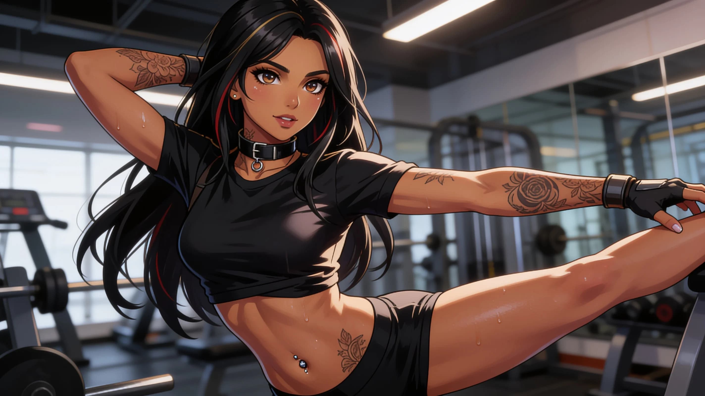 A 24-year-old Indian woman with long black hair, brown eyes, skinny body type, belly piercings, nipple piercings and tattoos, wearing a fashionable choker with super short pants and tight shirt, stretching gracefully in an athletic pose at a modern fitness gym, body angled to show off her form with skin sheen from workout sweat, blush marks and confident posture knowing she is beautiful, medium close-up from three-quarter front angle with dynamic gym lighting highlighting clothing folds, intense direct eye contact with seductive confidence and lips parted, anime style, high-quality illustration. Flawless anatomy, no extra digits, no extra limbs, detailed anime shading, high-quality illustration.