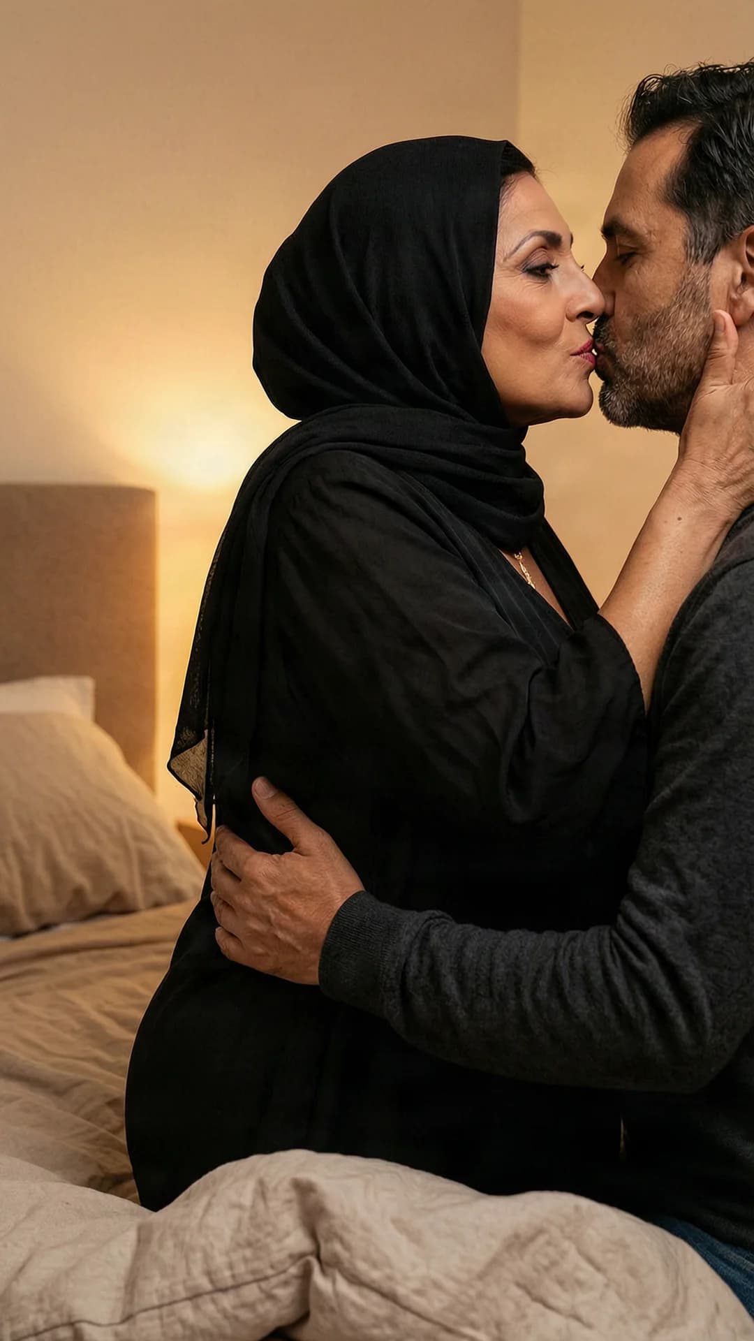 A 60-year-old Arabic woman with chubby body type, straight black hair, brown eyes, wearing a headscarf and modest flowing dress, passionately kissing an adult man in a softly lit bedroom with warm ambient lighting and rumpled sheets on the bed, her chubby arms wrapped around his neck, bodies pressed together in an embrace, standing close with slight forward lean, medium close-up from side angle, maintaining intense eye contact with affectionate desire, lips locked in a tender kiss, skin with natural sheen, Flawless anatomy, no extra digits, no extra limbs, realistic skin texture, high-detail.