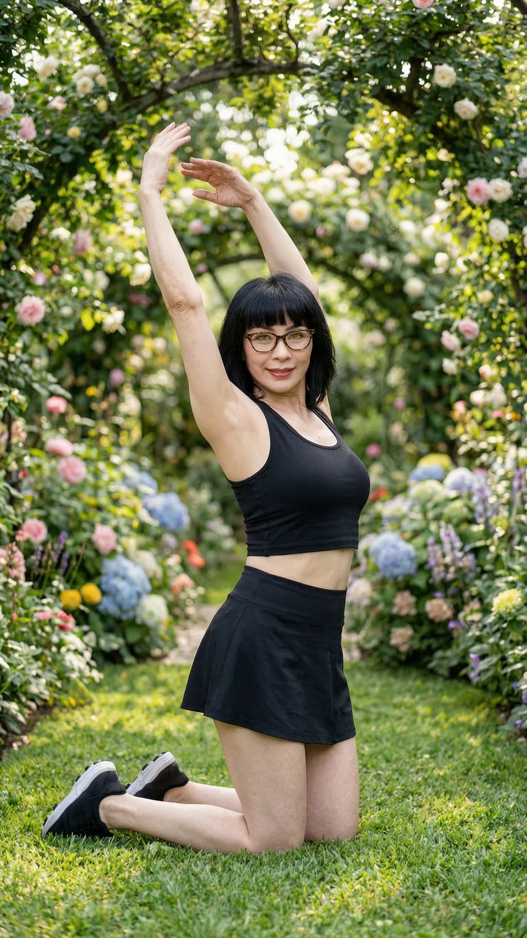 A 60-year-old Asian woman with a fit body, black hair styled with bangs, striking yellow eyes and wearing stylish glasses, dressed in a short black tennis skirt paired with a fitted crop top shirt, kneeling gracefully in an elegant stretching pose amid a lush beautiful garden filled with vibrant flowers, full body shot from a straight-on frontal camera angle with soft natural sunlight filtering through the foliage, looking directly at the viewer with a warm confident smile and gentle eye contact, body positioned with arched back and extended limbs showing graceful tension, serene and elegant mood, Flawless anatomy, no extra digits, no extra limbs, realistic skin texture, high-detail.